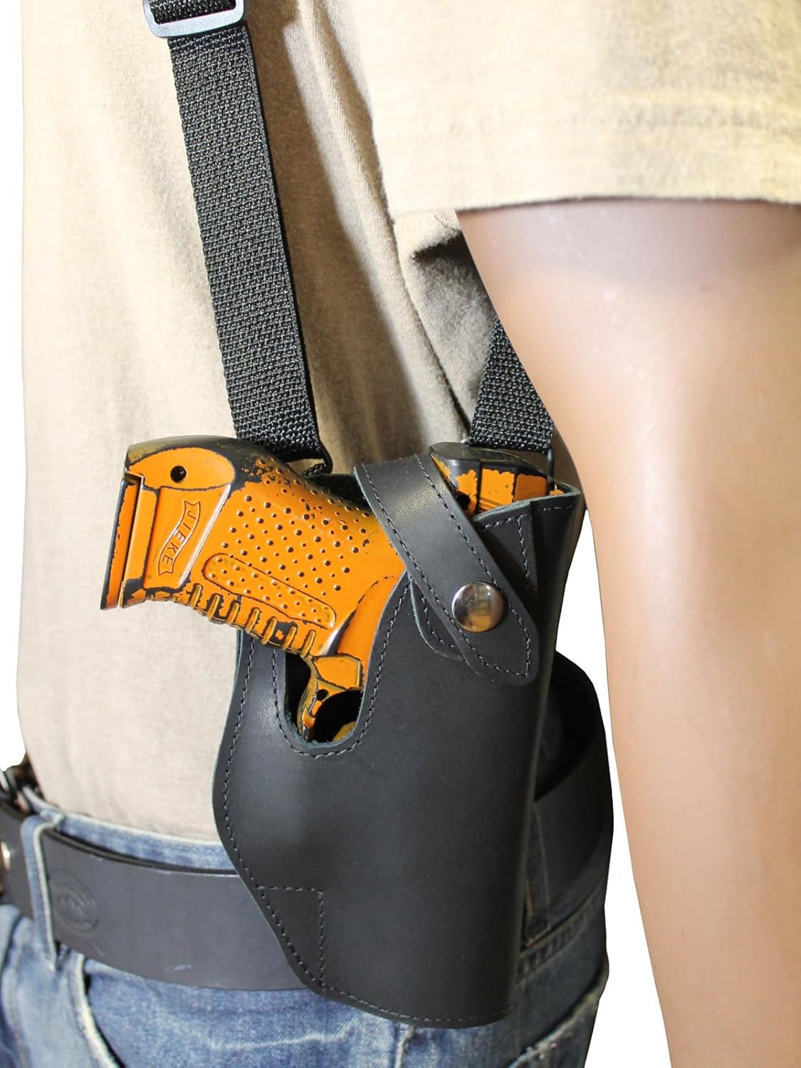 Barsony Black Leather Vertical Shoulder Holster for Compact 9mm 40 45 Pistols