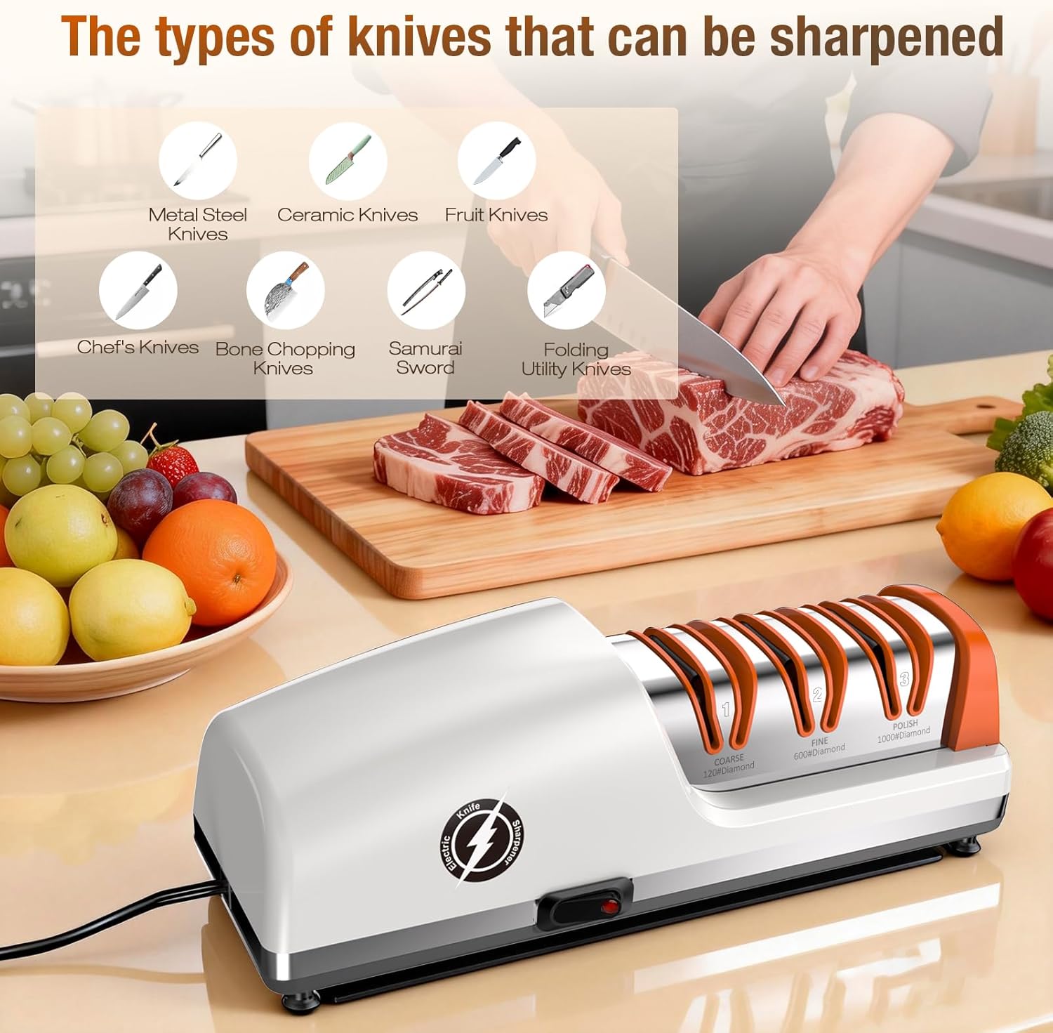 Replaceable Sharpener Electric Knife Sharpener, 3-Stage with 100% Diamond Abrasives & Precision Angle Guides, Kitchen Knife Sharpener with Sharpening and Polishing Function