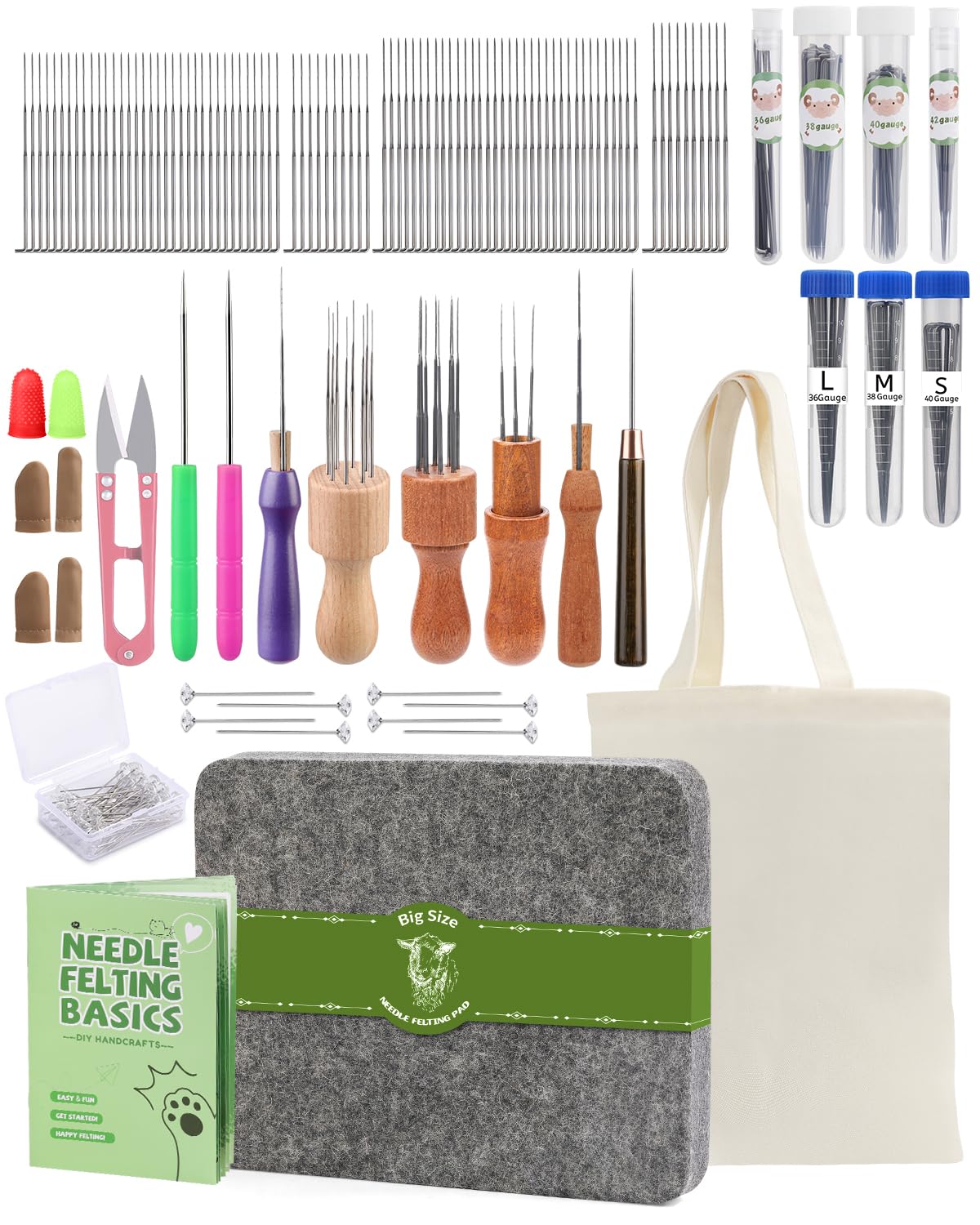 Riddur Filz Nadeln Set, Nadelfilz Set, 8×10 Zoll Filzen Pad, 90 Pcs Filznadeln, 3-Größe Holzgriff Halter, Filz Zubehör mit Aufbewahrungstasche für starterset Diy Handmade Crafts Dekoration