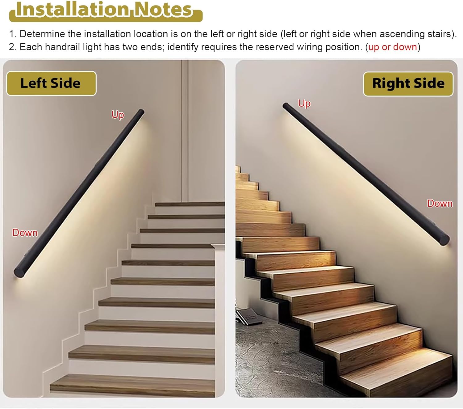 3 4 5 6 10 12 14 ft Stair Railing Kit for Indoor, Round Stair Handrail with Led Motion Sensor Light, Heavy-Duty Staircase Hand Rails Aluminum Pipe(Left,3ft/91cm)