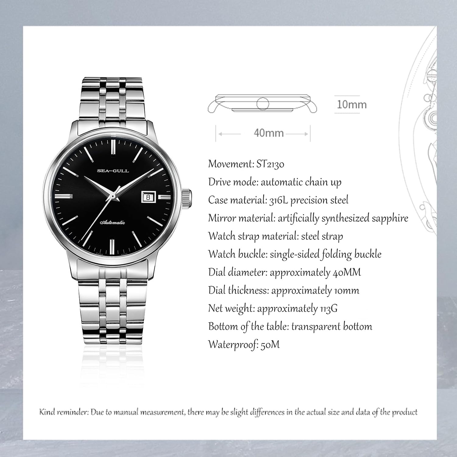 SEA-GULL Minimalist Men Business Watch Glacier Design Waterproof Male Wristwatch Seagull ST2130 Stainless Steel Sapphire Glass 6165