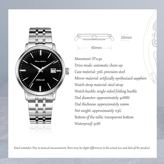 SEA-GULL Minimalist Men Business Watch Glacier Design Waterproof Male Wristwatch Seagull ST2130 Stainless Steel Sapphire Glass 6165