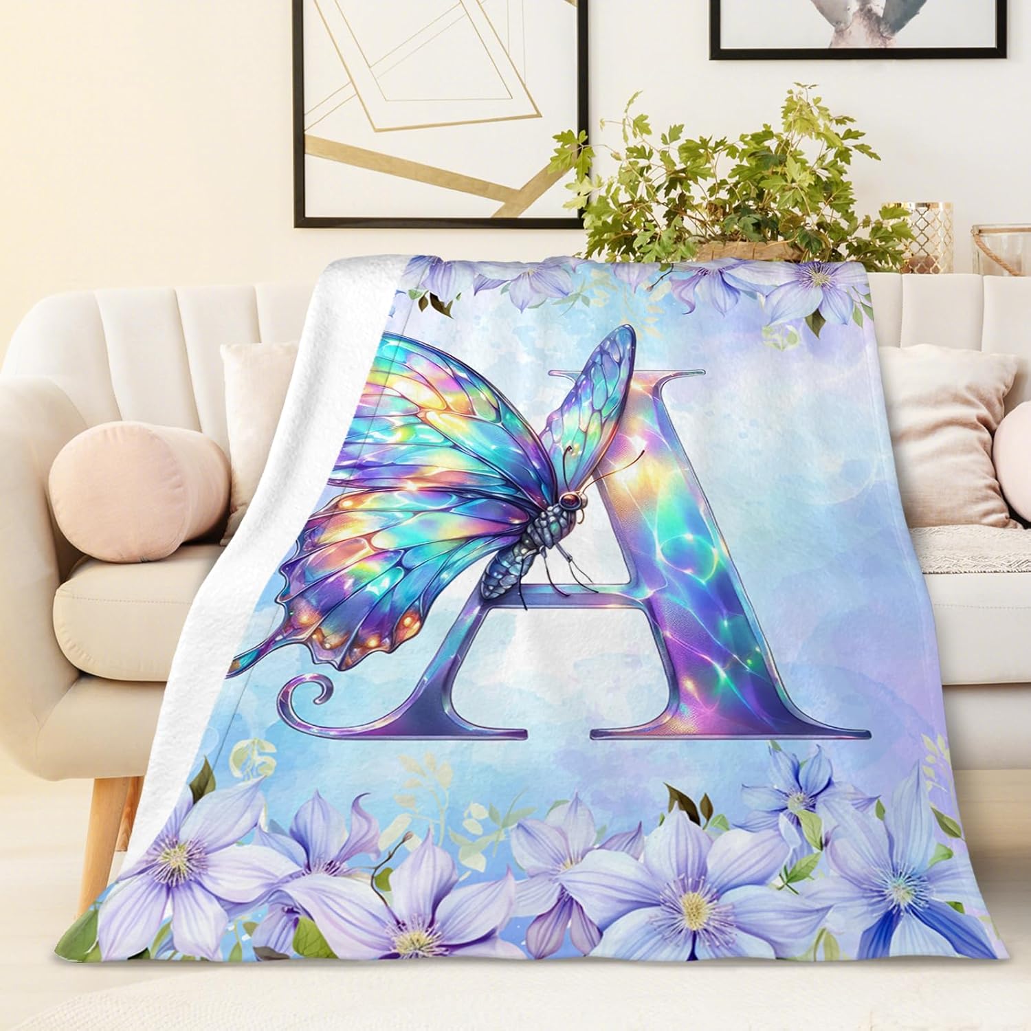Butterfly Throw Blanket for Women, Monogram Blanket, Initial Gift, 60 x 50 Inches Soft Lightweight Flannel Throw for Living Room, Couch Sofa Office, Garden