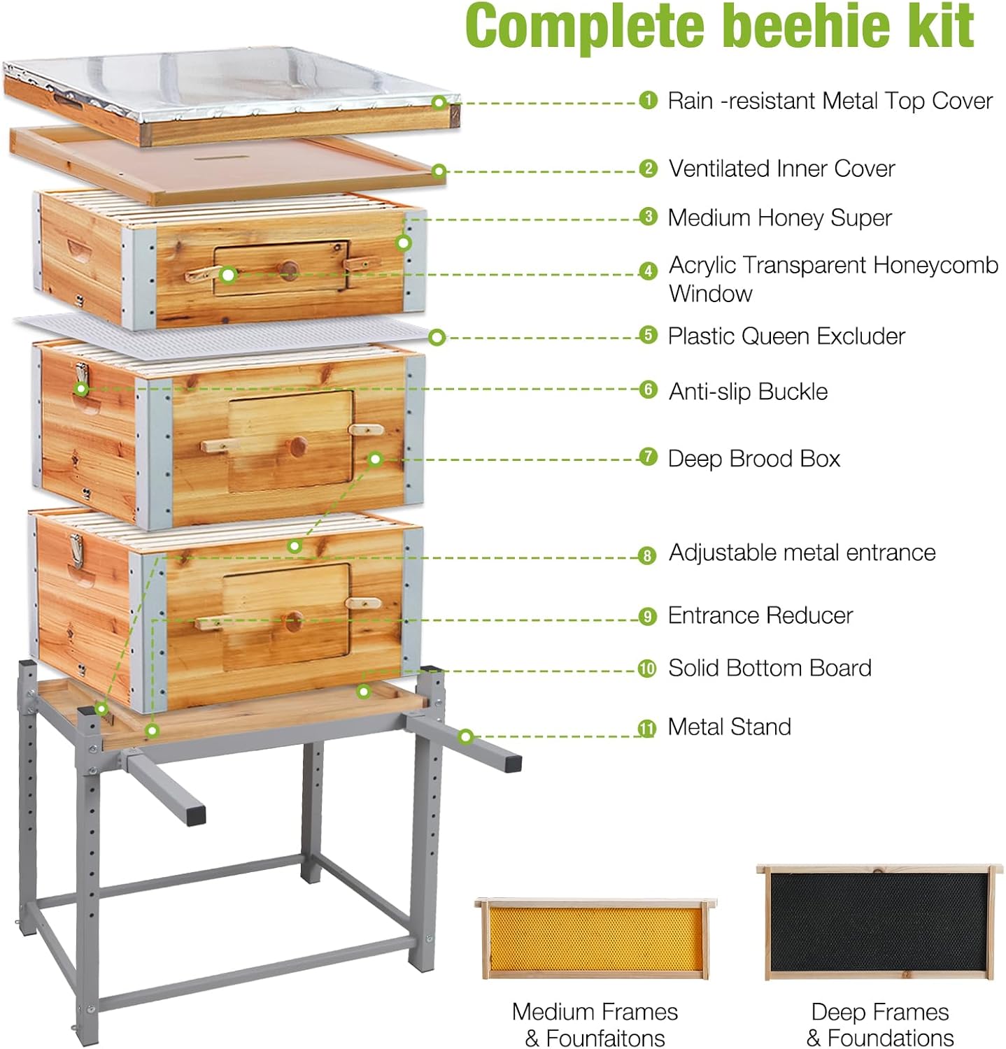 GUTINNEEN Bee Hive with Metal Frame, 10 Frame Bee Hives Boxes Dipped in 100% Beeswax,Bee Keeping Supplies-All Starter Kit Includes Wooden Frames & Waxed Foundations