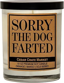 Cedar Crate Market Funny Dog Candle - “Sorry The Dog Farted” Soy Candle | Pet Odor Eliminator Gift | Orange Mango Goji Berry Scented| Hand-Poured USA Made, Pet Owner Gift, Housewarming, Gag