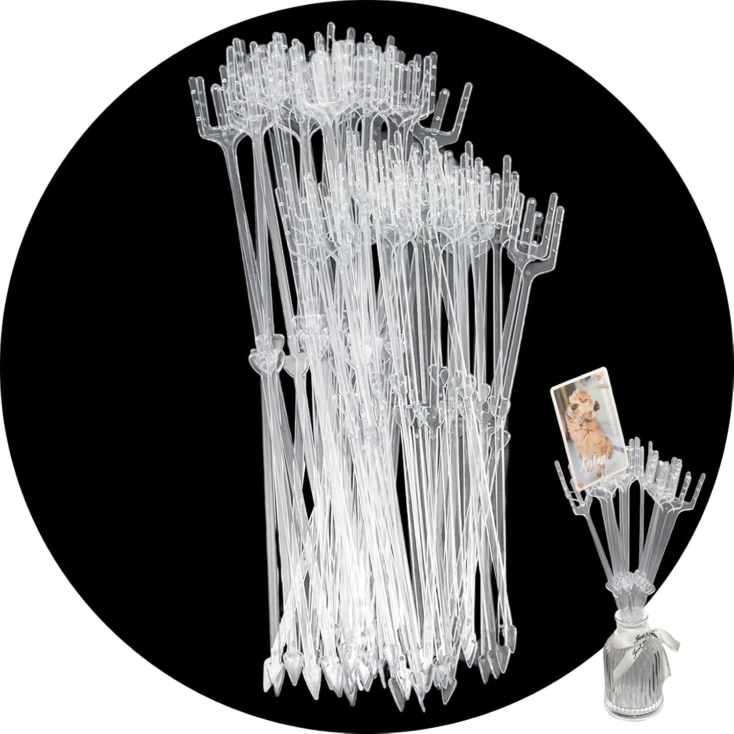 Pine & Linen 50 Pcs Floral Card Holders Picks, Clear Plastic Flower Pick Holder Photo Card Holder, Transparent Fork Shaped Floral Sticks for Wedding Birthday Party Decoration（2 Size）