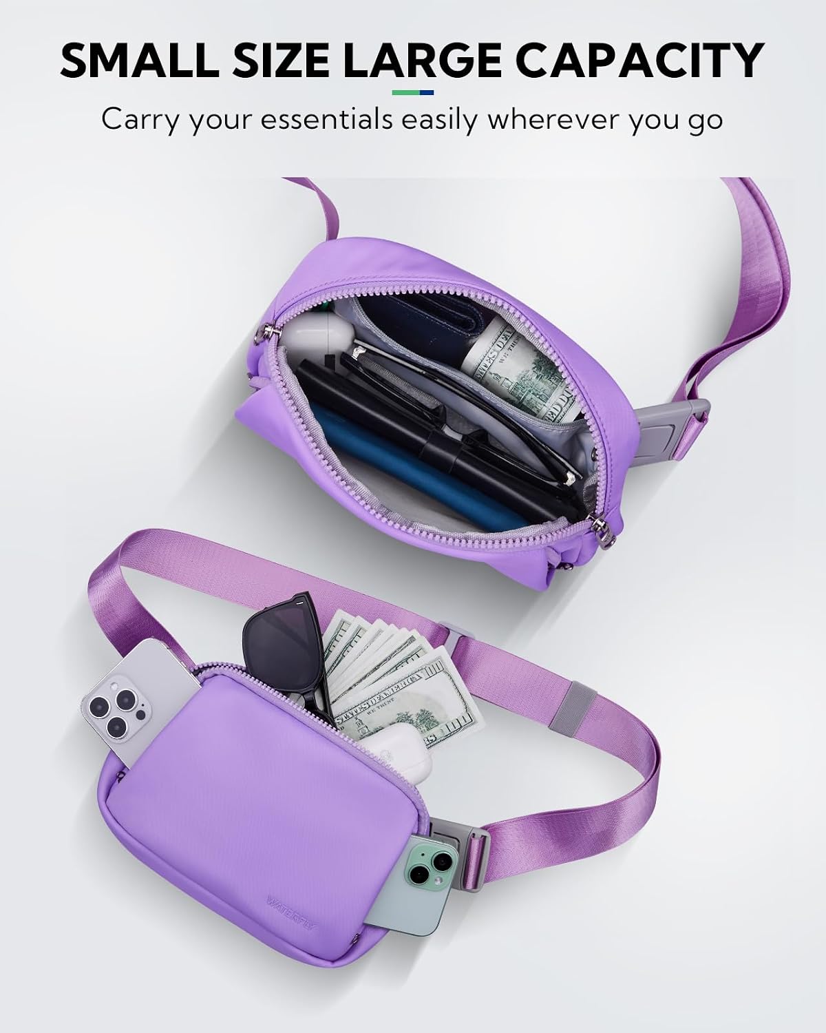 WATERFLY Crossbody Belt Fanny Pack: Sports Walking Waist Bag Runner Belt Bum Bag Hip Fannie Pack Phanny Fannypack Woman Man for Hiking Jogging Running