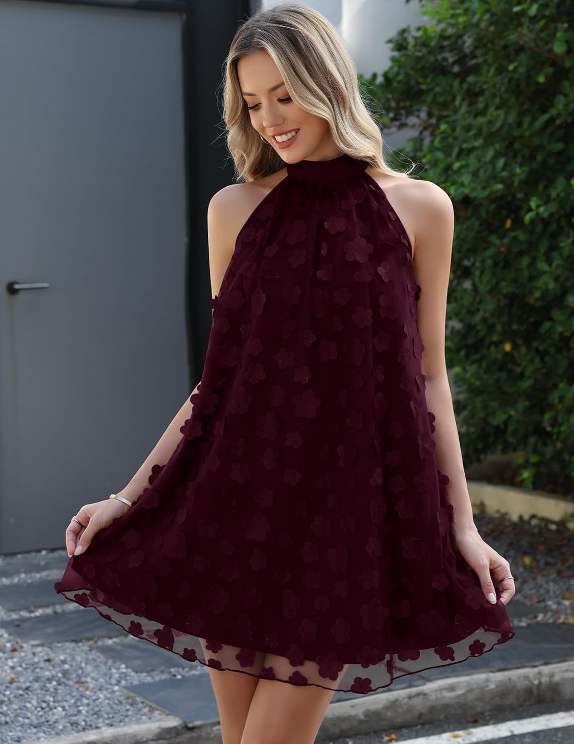 Womens Wedding Guest Floral Halter Tulle Cocktail Dresses 2026 Summer A Line Swing Sleeveless Mini Dress - Image 3