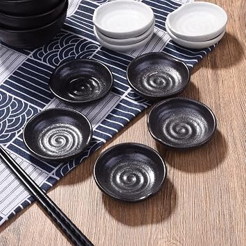 Black Porcelain Soy Sauce Dish Set of 5, Sushi Dishes