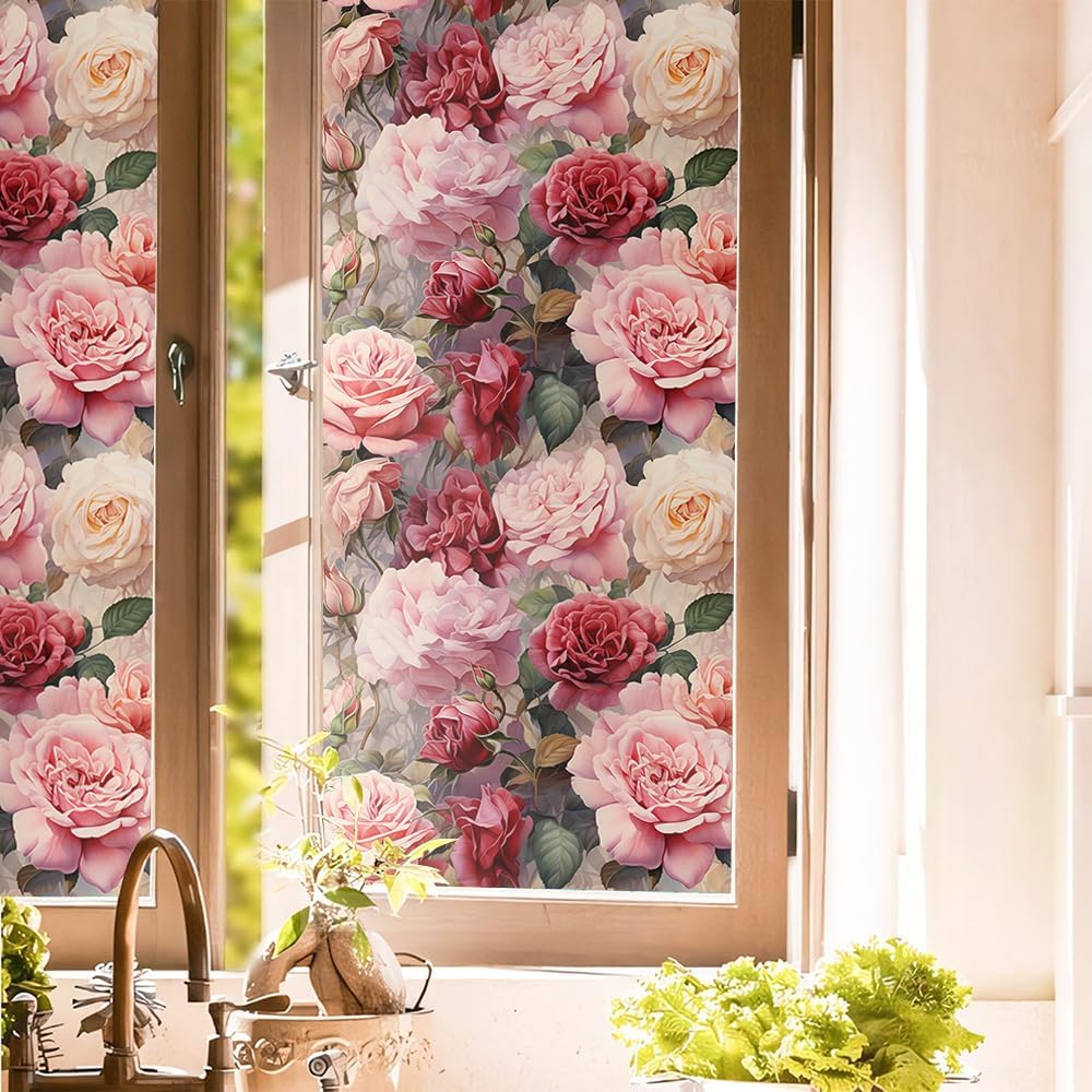 16“x118 Pink Ivory Peony Flower Double Side Window Films Art Decorative Window Privacy Tinting Film Self-Adhesive Static Glass Window Clings Stickers for Living Room Bathroom