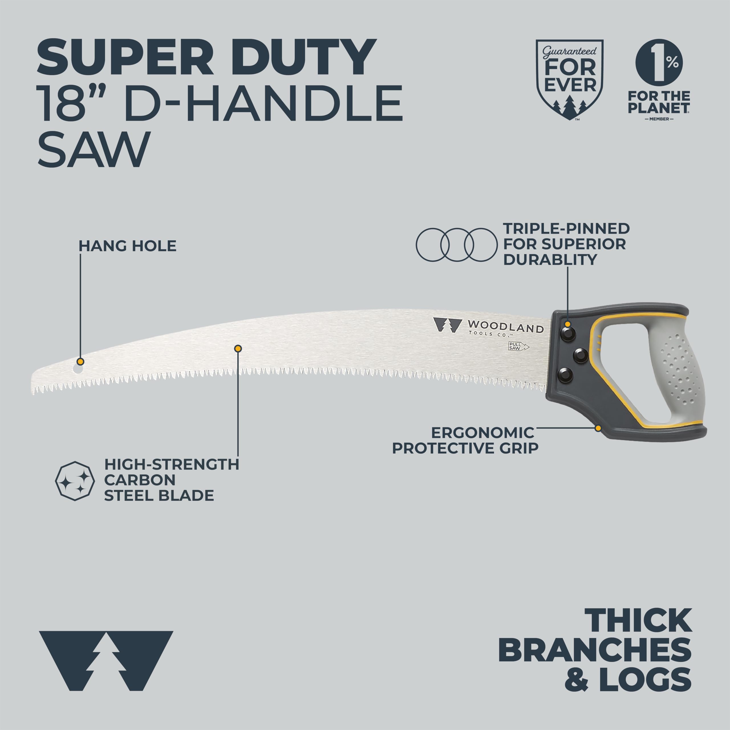 Woodland Tools Co. - Sierra de podar con mango en D, sierra de jardinería duradera con agarre ergonómico para podar ramas y cortar madera muerta