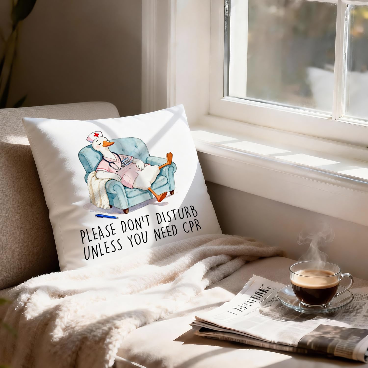 Funny Goose Nurse Pillow Cover 18x18, Nurse Appreciation Gifts, Please Don't Disturb Unless You Need CPR Decorative Throw Pillow Cover for Clinic Medical Nursing Office Room image 4