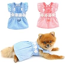 PAIDEFUL Embroidery Stripe Dog Princess Dress for Small Dogs/Cats Blue S | Soft Breathable Fabric, Button D-Ring Fit, Ruffles Trim,Summer Parties & Photos, Embroidered Flower Puppy Sundress, Chihuahua