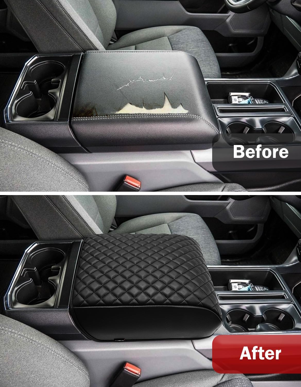 KBH Center Console Armrest Cover for Ford F150 2021 2022 2023 2024 2025 2026, PU Leather Interior Accessories, Middle Console Lid Protector, Arm Rest Cushion Thick Pad, Black (Fits Bucket Seat Only)