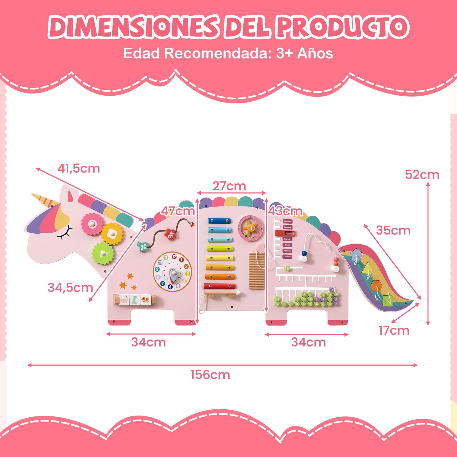 COSTWAY Panel de Actividades de Pared para Niños Unicornio, 11 en 1 Tablero Sensorial Montessori de Madera para Educación y Desarrollo Temprano, Centro de Actividades para Sala de Juegos Guardería
