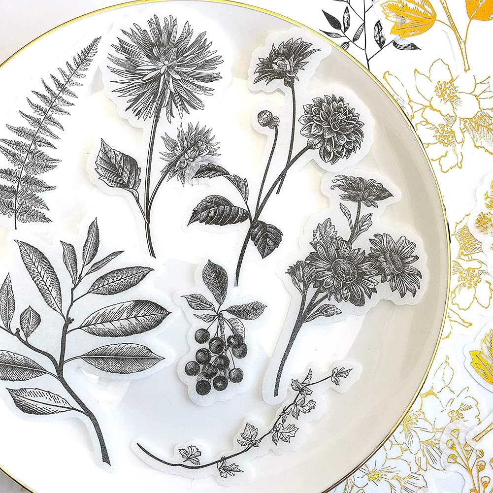 Vintage Washi Sticker Set Gold Stamping Stickers Plant Flower Nature Fruit DIY Art Craft Label for Scrapbooking Planner Diary Book Jouranal Water Bottle Letter Album image 5