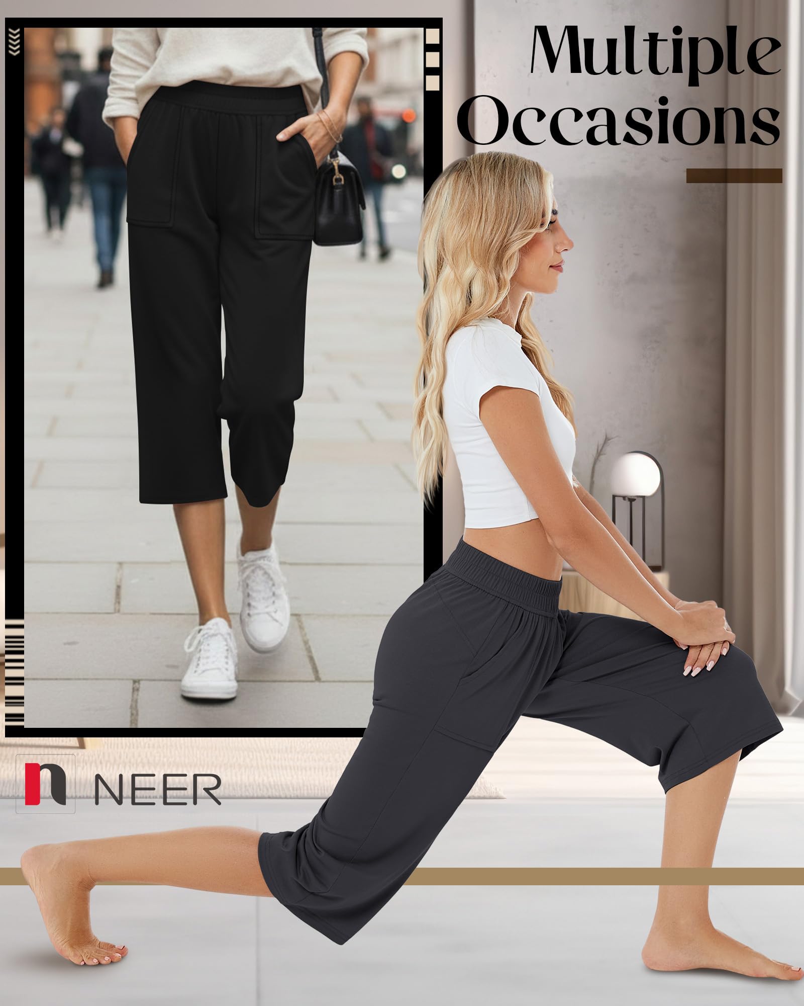 Neer Lot de 3 capris capris en coton pour femme - Pantalon de yoga confortable à jambe large et décontractée avec poches