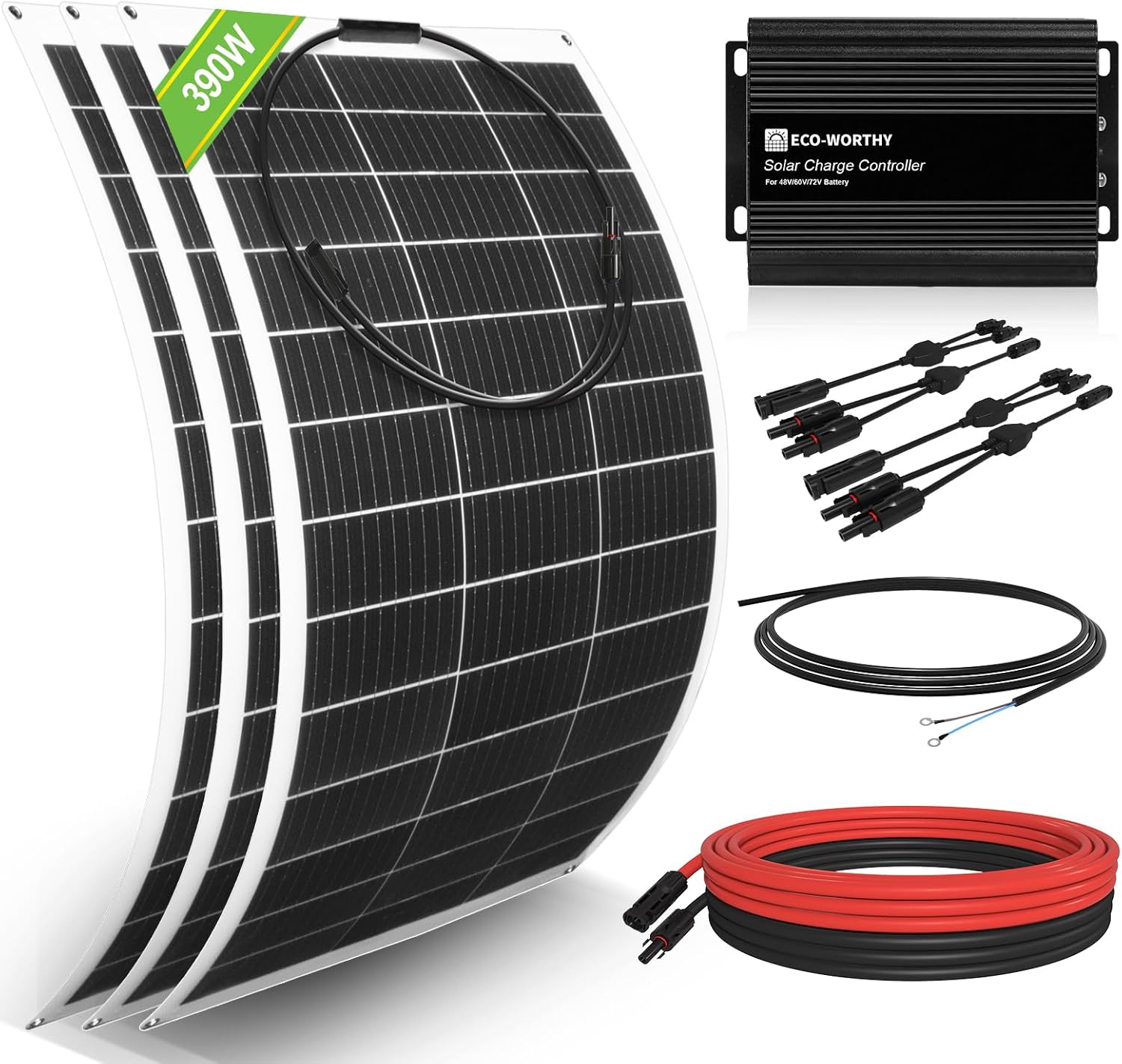 ECO-WORTHY 390W Flexible Solar Panel Kit for Golf Cart,1560wh/day Generation,Charge While Driving,Extend Battery Life,Go Further：3pcs 130W Solar Panel+24V/36V/48V/60V/72V MPPT Boost Charge Controller