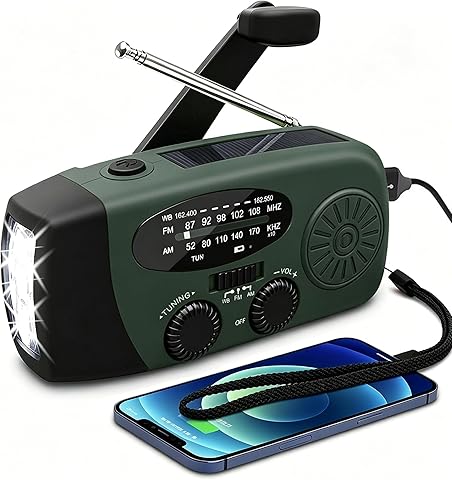 Radio Solar de Emergencia con Manivela Portátil, FM/AM 2000mAh 3 Modos de Luz LED Linterna, Carga Solar USB-C y Manivela, Resistente al Agua Ideal para Camping Viajes Supervivencia y Cortes de Energía