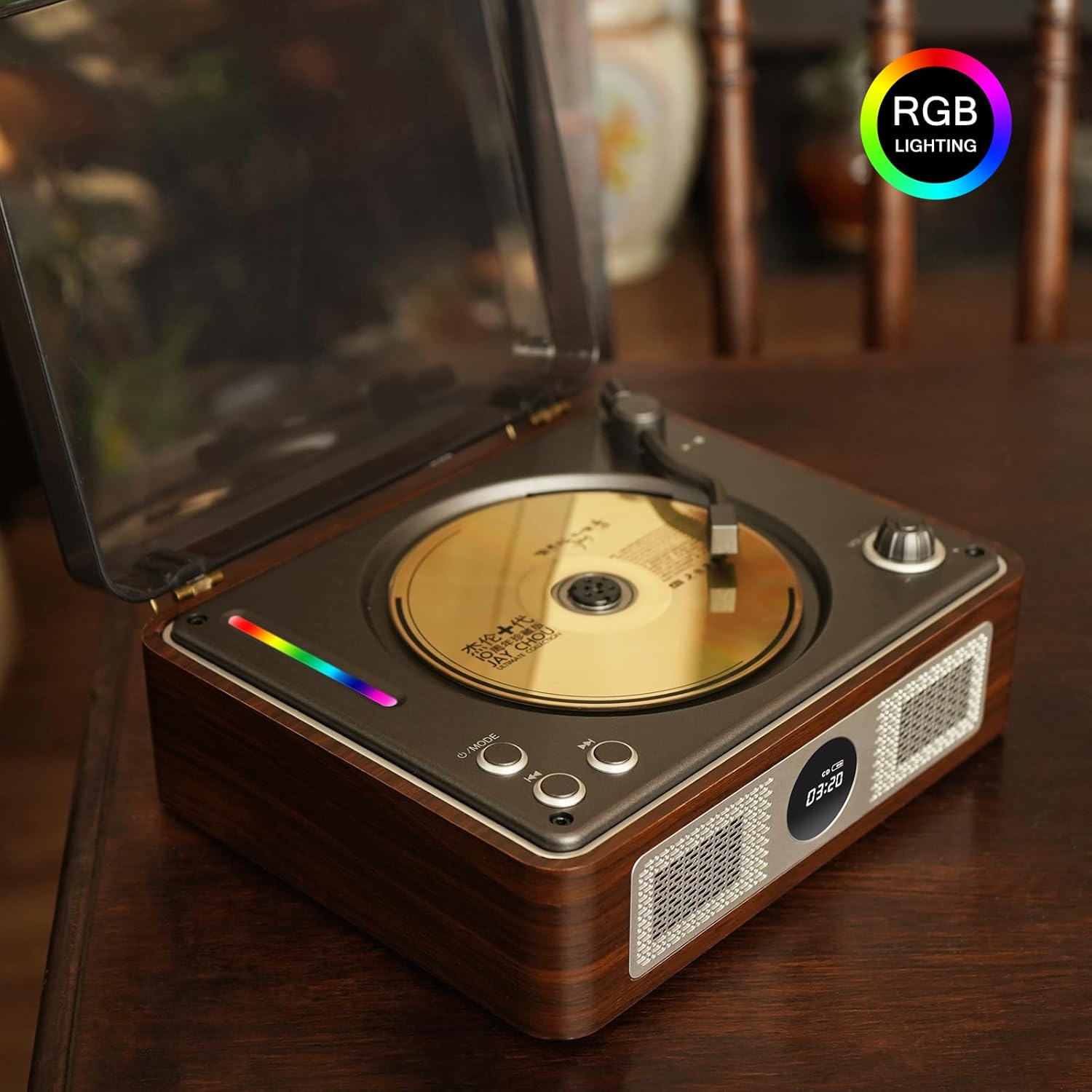 Y11 Retro CD Player with Bluetooth, Portable Desktop CD Player for Home with Dual HiFi Speakers & Remote Control, USB/AUX/SPDIF Output, Brown