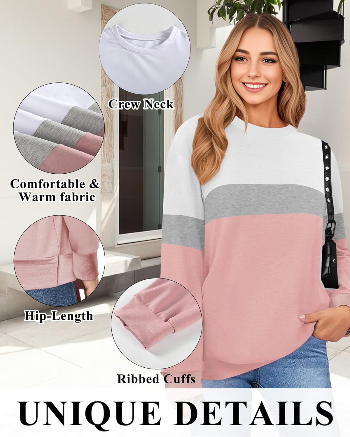 Sweatshirts for Women, fall Crewneck Sweatshirts Woman Fit Long Sleeve Pullover Tops Cute Soft Shirt White Pink - Image 2