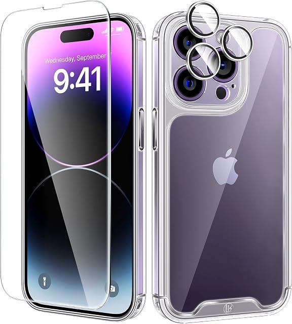 LK [3-in-1] for iPhone 14 Pro Case, with 1 Set Upgraded Lens Protector + 2 Pcs 9H Tempered Glass Screen Protector, [Military Grade Shockproof] [No Yellowing] All-Round Protection Kit 6.1 inch - Clear