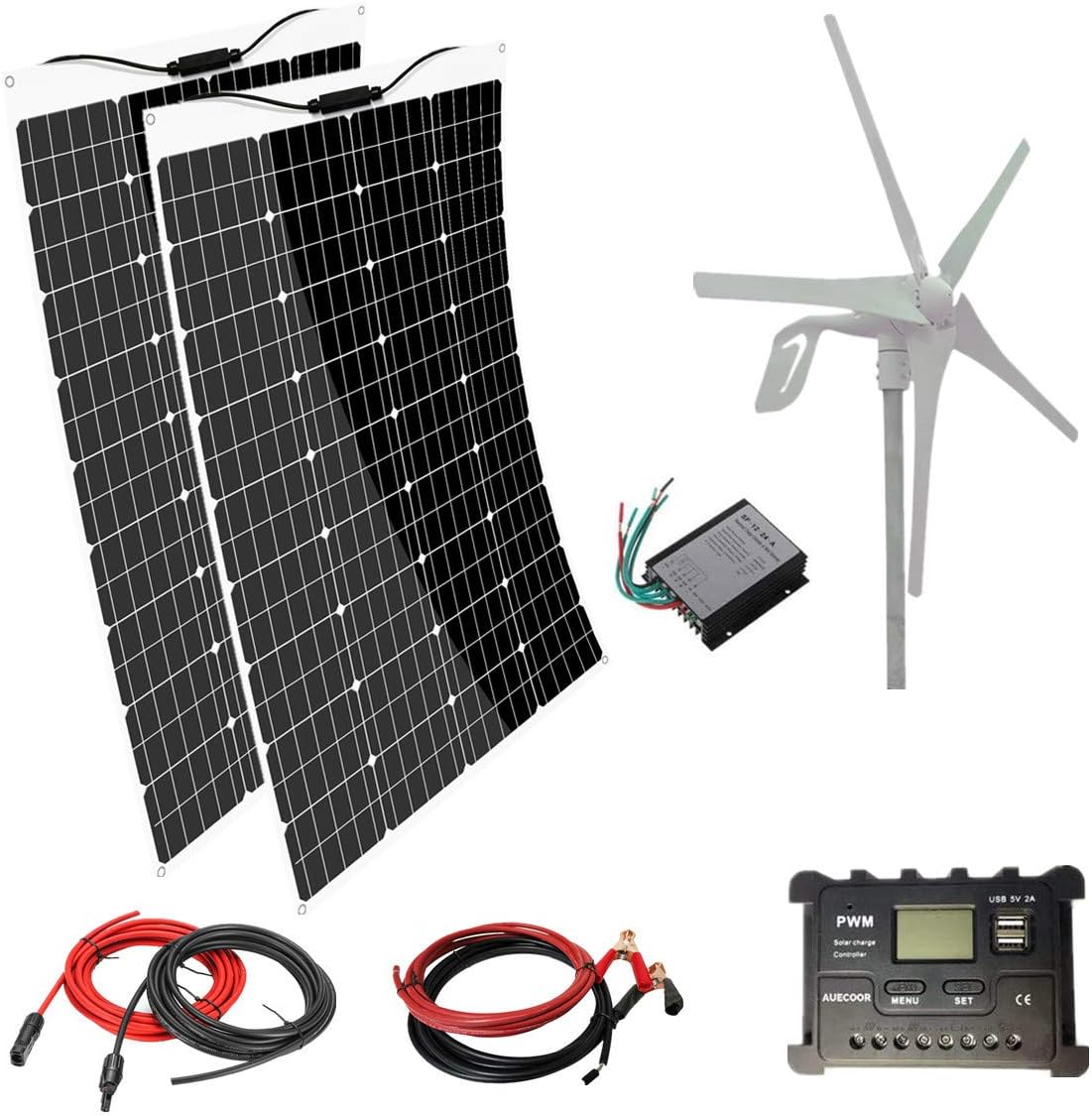 2pcs 120W Mono Flexible Solar Panel + 400W 24V Wind Turbine + 20A Controller PV Connector 600W(640W) Hybrid System Kit for Home RV Caravan Boat and Other Battery Charger