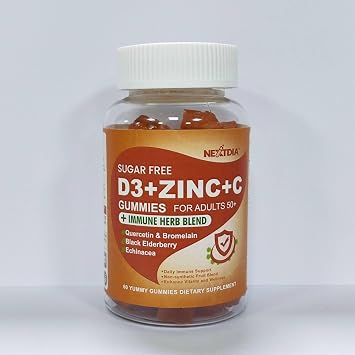 Nextdia Sugar Free Vitamin C + D3 + Zinc Gummies for Adults 50 +, 9 in 1 Supplement with D3 5000IU, Elderberry, Echinacea, Mullein Leaf, Vegan 60 Gummies Pack of 1