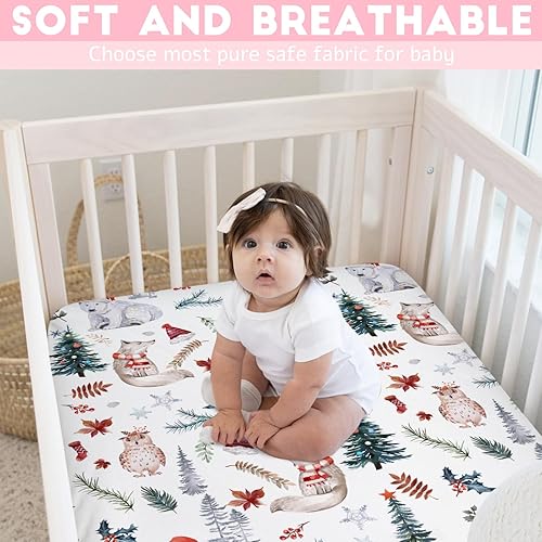 Miniatura 8 de Sábana bajera ajustable para cuna de bebé de animales del bosque, 52 x 28 pulgadas, diseño de animales de Navidad, oso, zorro, búho, abeto, hojas de
