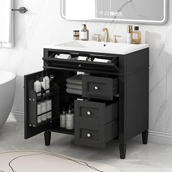 30" Floor Vanity with Top Sink, Modern Bathroom Storage Cabinet, 2 Drawers, Adjustable Shelf, Tip-Out Drawer, Single Sink, Black