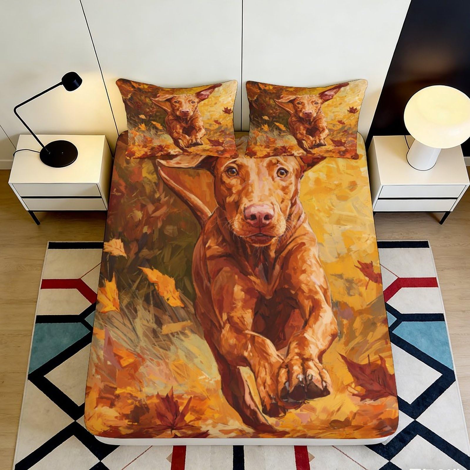 3D Printed Autumn Leaves Dog Fitted Sheet Microfiber Soft Mattress Cover for Bedroom Guest Room Decor Easy Care 90x200x25cm
