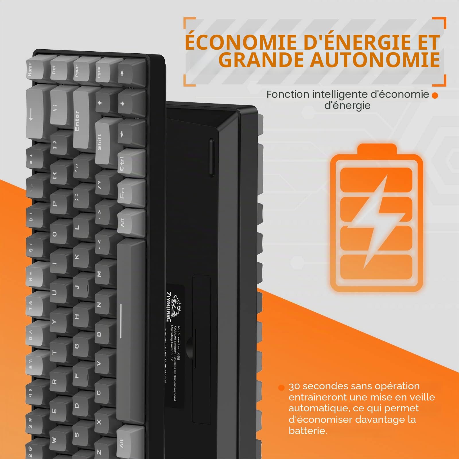 YINDIAO K68 60% Clavier de Jeu Mécanique sans Fil,Bluetooth 5.0/2.4Ghz Mini Clavier Compact 68 Touches avec Récepteur Double Mode,échangeable à Chaud,Interrupteur Rouge,pour PC,Mac,PS4 (Gris Foncé)