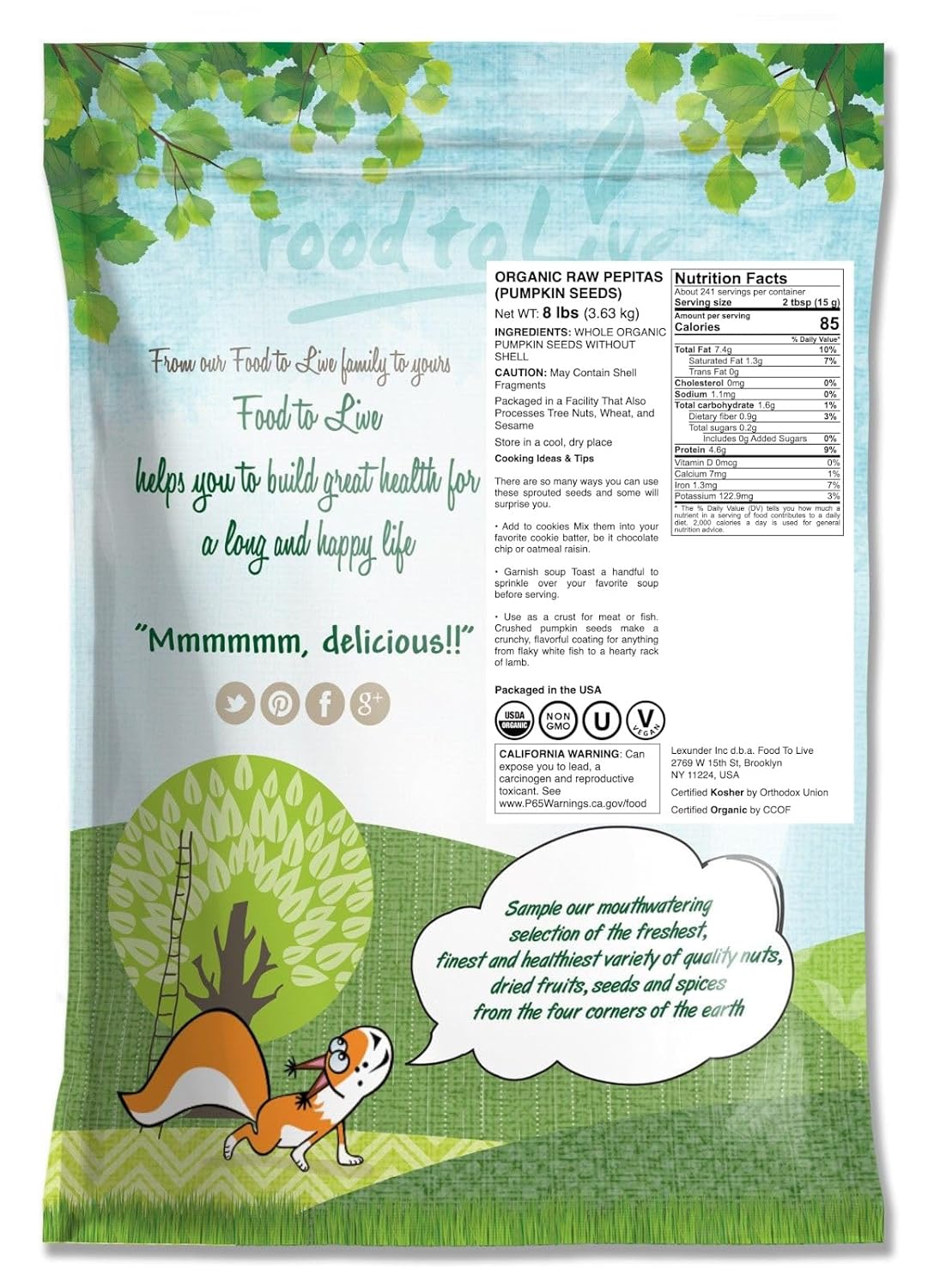 Food to Live Organic Raw Pepitas, 8 Pounds — Non-GMO, Pumpkin Seed Kernels, Unsalted, No Oil, No Shell, Vegan, Kosher, Bulk. Keto Snack.