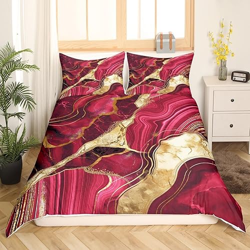 Funda de edredón de mármol rosa rojo tamaño Queen, juego de ropa de cama dorada para parejas, funda de edredón de textura metálica abstracta,