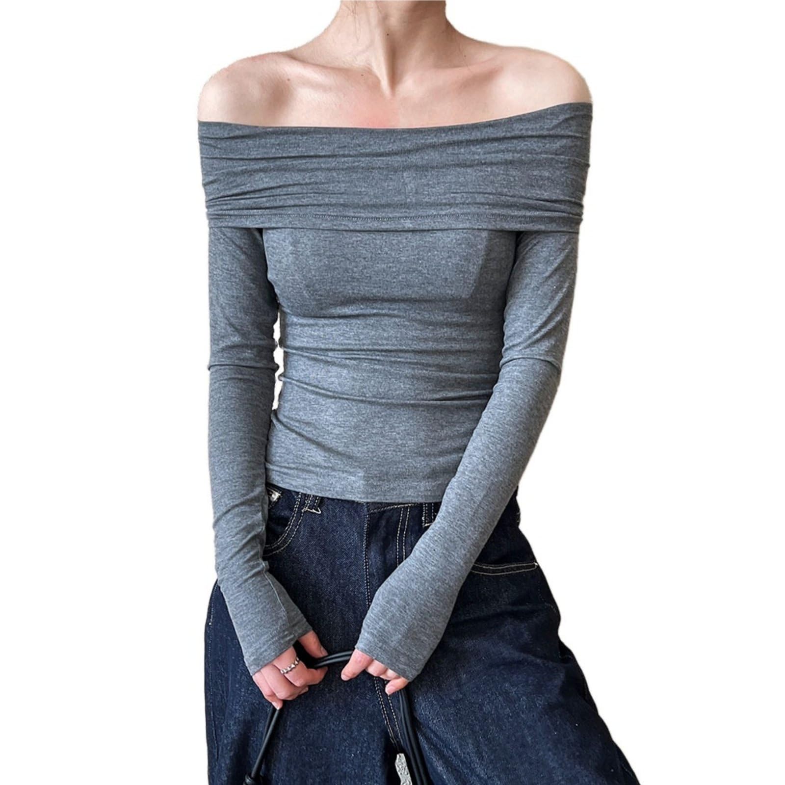 Damskie Seksowne Koszule Z DłUgim RęKawem Z Odkrytymi Ramionami Eleganckie Bluzki Slim Fit Stretch Going Out Tops,Gray,L