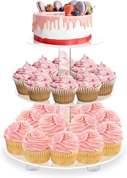 YestBuy 3 Tier Round Cupcake Stand with Base, Acrylic Cake Stand, Cupcake Tower Stand, Premium Cupcake Holder for 23 Cupcakes, Display for Pastry Wedding Birthday Party 4" Between 2 Layers