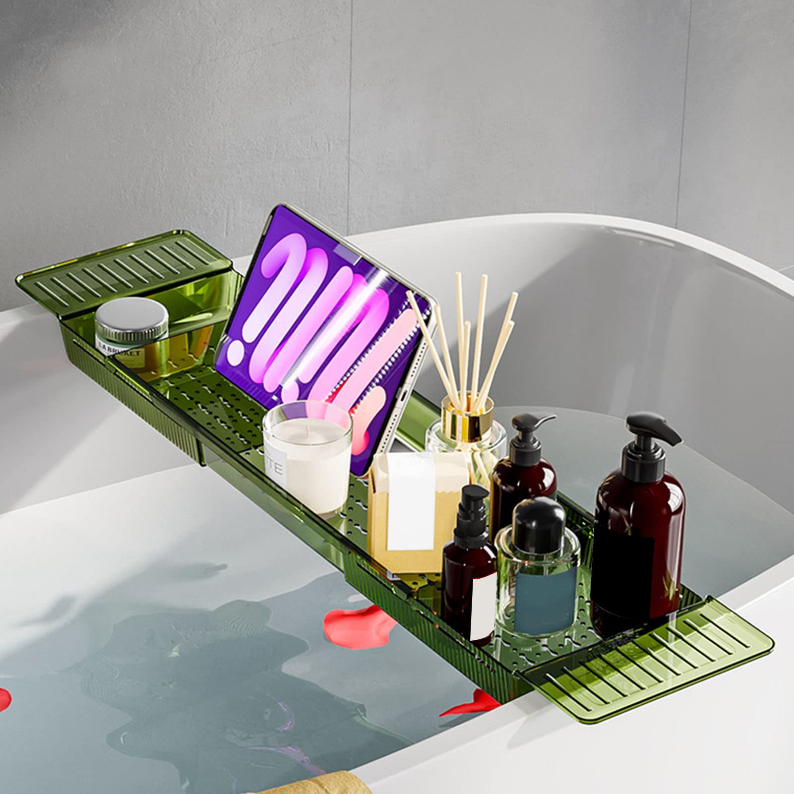Aramox Estante para Bañera Bandeja Extensible de Plástico para Bañera con Agarre Antideslizante Almacenamiento de Gran Capacidad y Soporte para Teléfono para Uso en el Baño en el Hogar (Verde