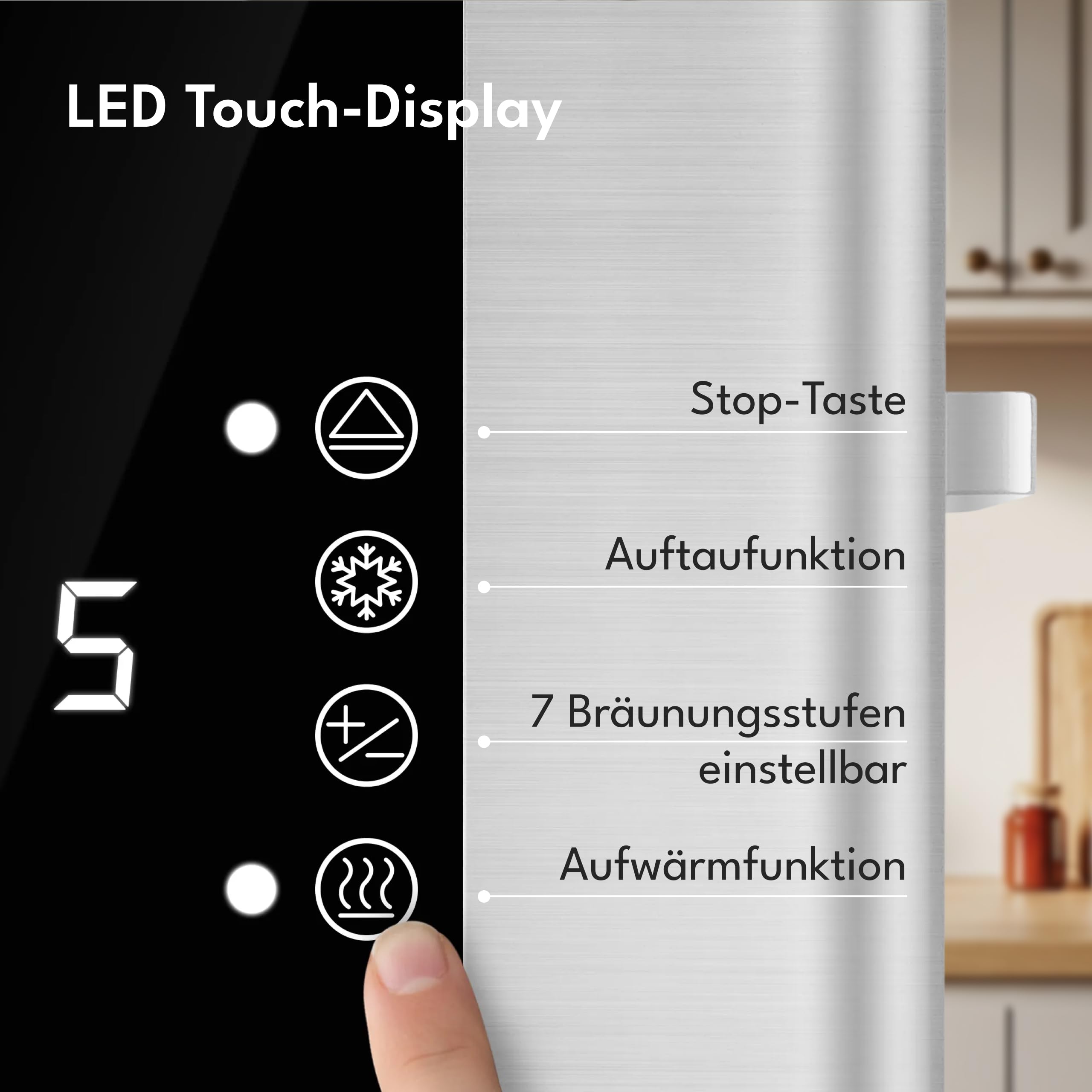 LEBENLANG Edelstahl Toaster mit Brötchenaufsatz 2 Scheiben - Touchscreen LED Display & 7 Stufen I 850W 2er Toster mit Display I Für Küche Haushalt & Camping Campingtoaster I Bread Toasters