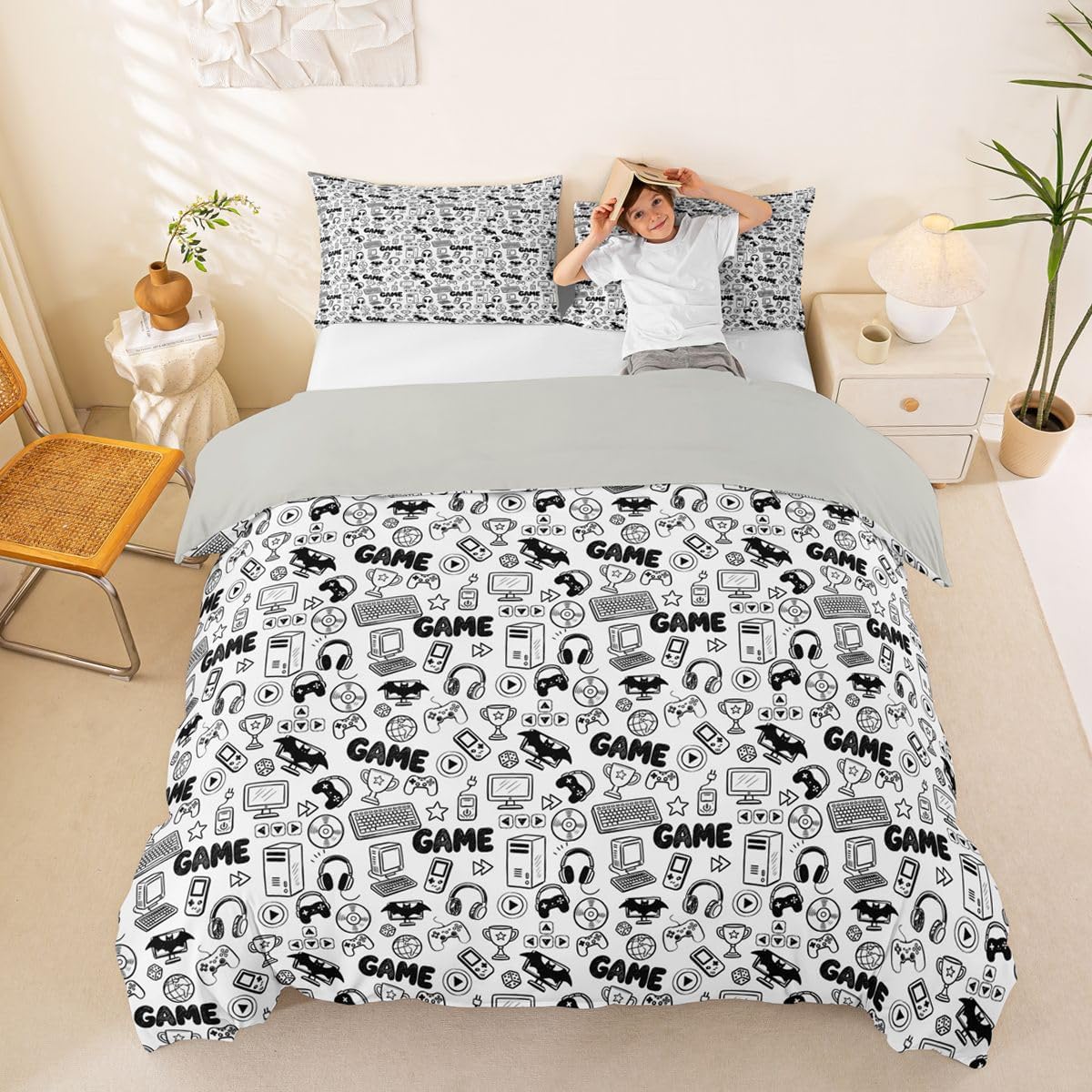 Feelyou Gamer Duvet Cover King Size Boys Girls Gaming Bedding Set Breathable Soft Teen Room Decor Comforter Cover 3Pcs Gamepad Bedroom Decor No Comforter Microfiber Zipper Closure image 3