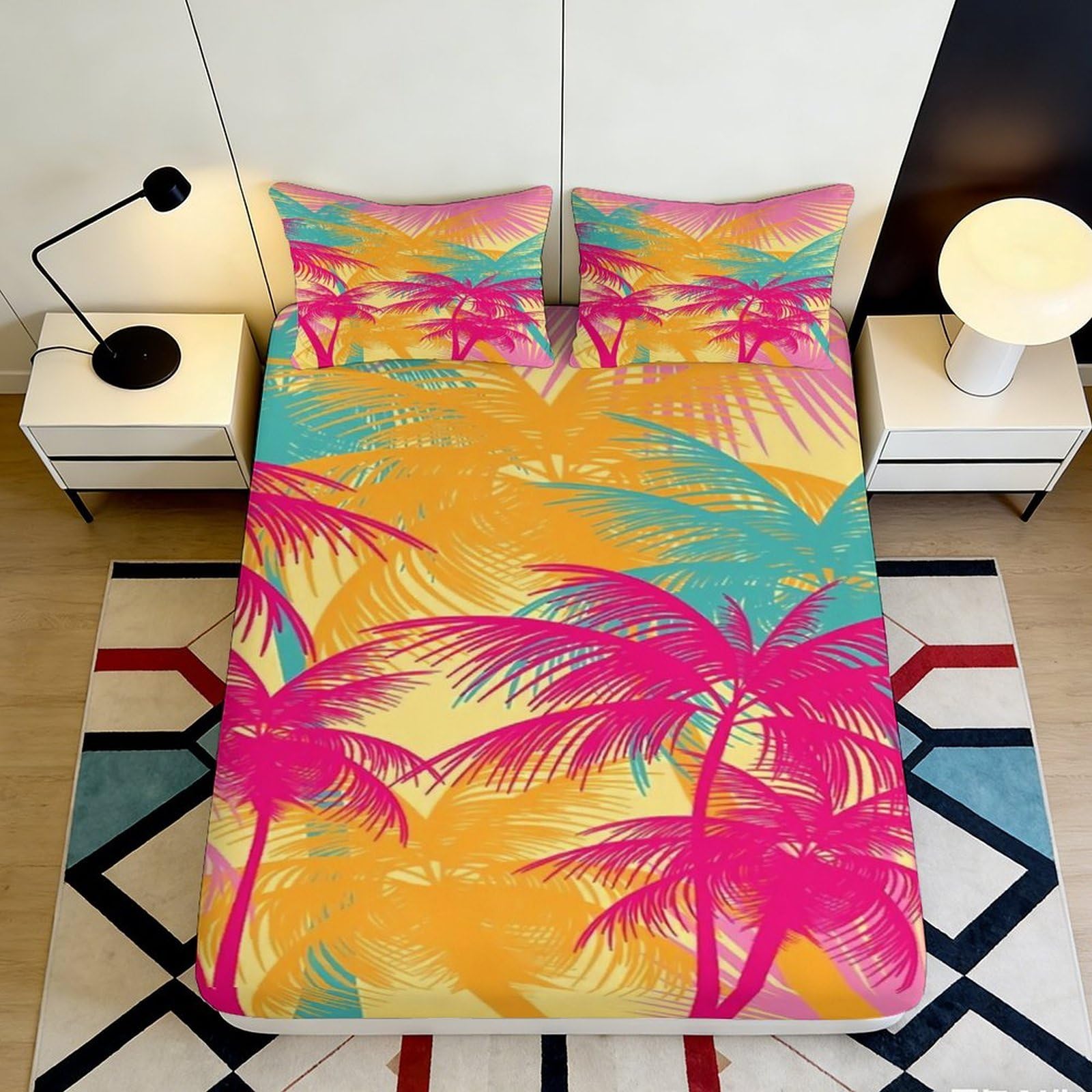3D Printed Tropical Sunset Fitted Sheet Microfiber Vibrant Palm Leaf Bed Cover for Bedroom Guest Room Decor 90x200x25cm