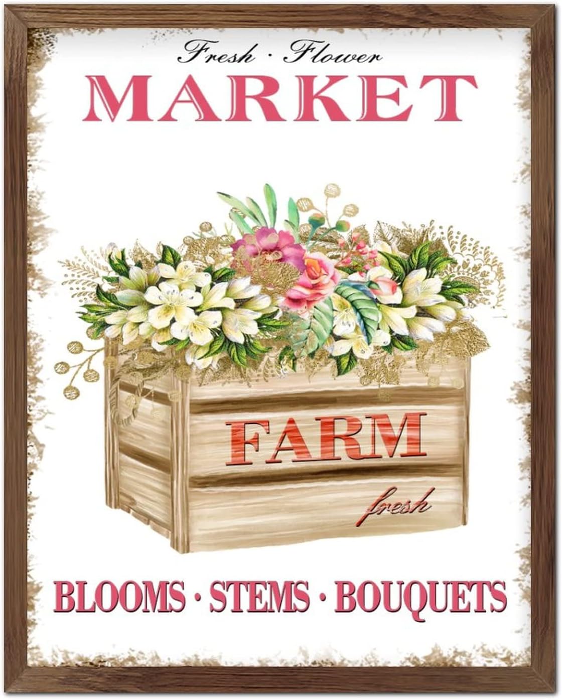Farm Fresh Flower Market Framed Wooden Signs Spring Fresh Dahlia Flower Box Wall Sign Classic Nature Plants Wall Decor Hanging Plaque Sign for Bedroom Living Room Wall Kitchen Home 20x16inch