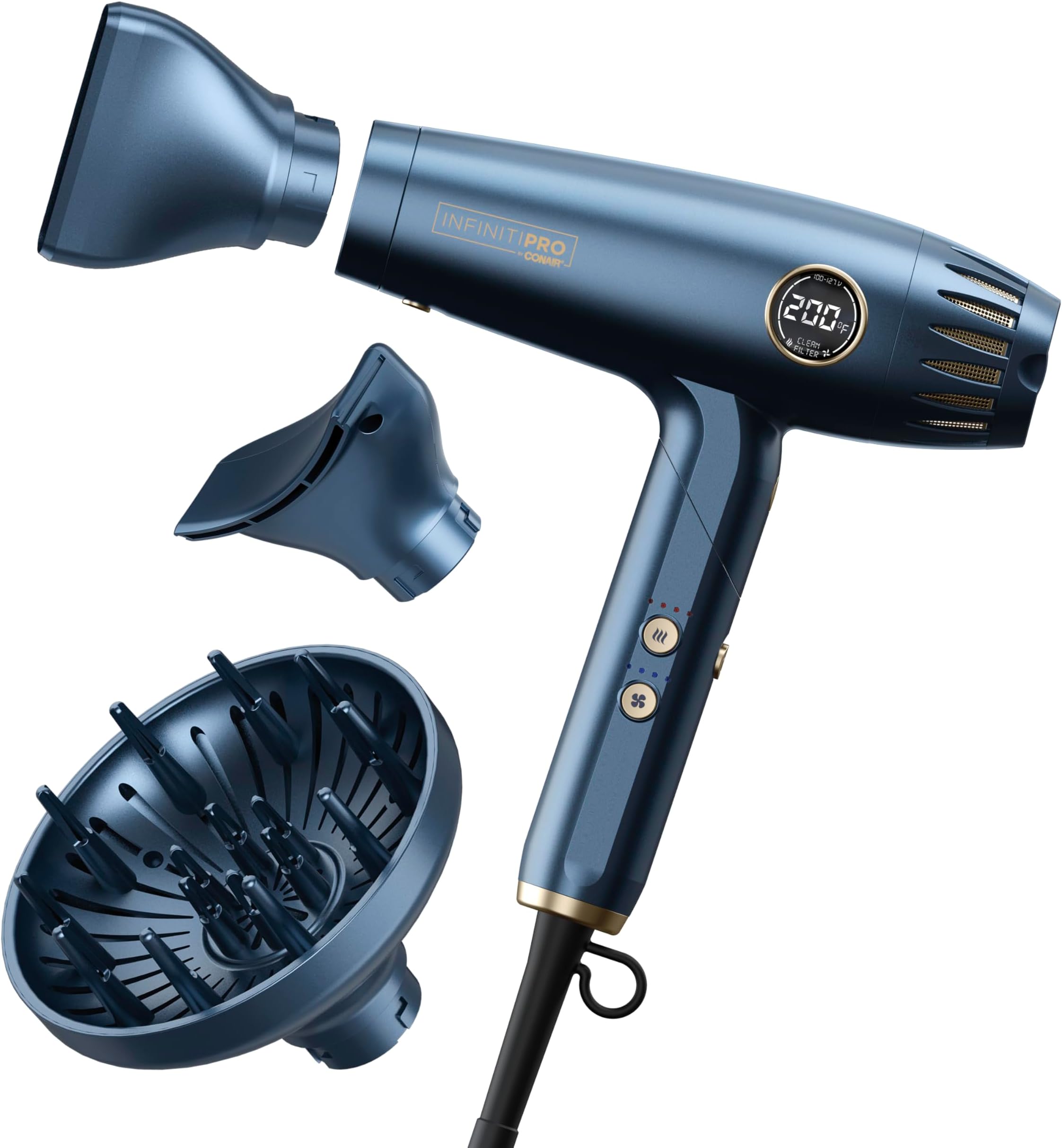 Infiniti PRO by CONAIR DigitalAIRE 2.0 Hair Dryer, 1875W Frizz-Reducing Ionic Hair Blow Dryer with Diffuser, Up to 5X More Speed and 90,000 RPMs for Advanced Drying Power, Blue