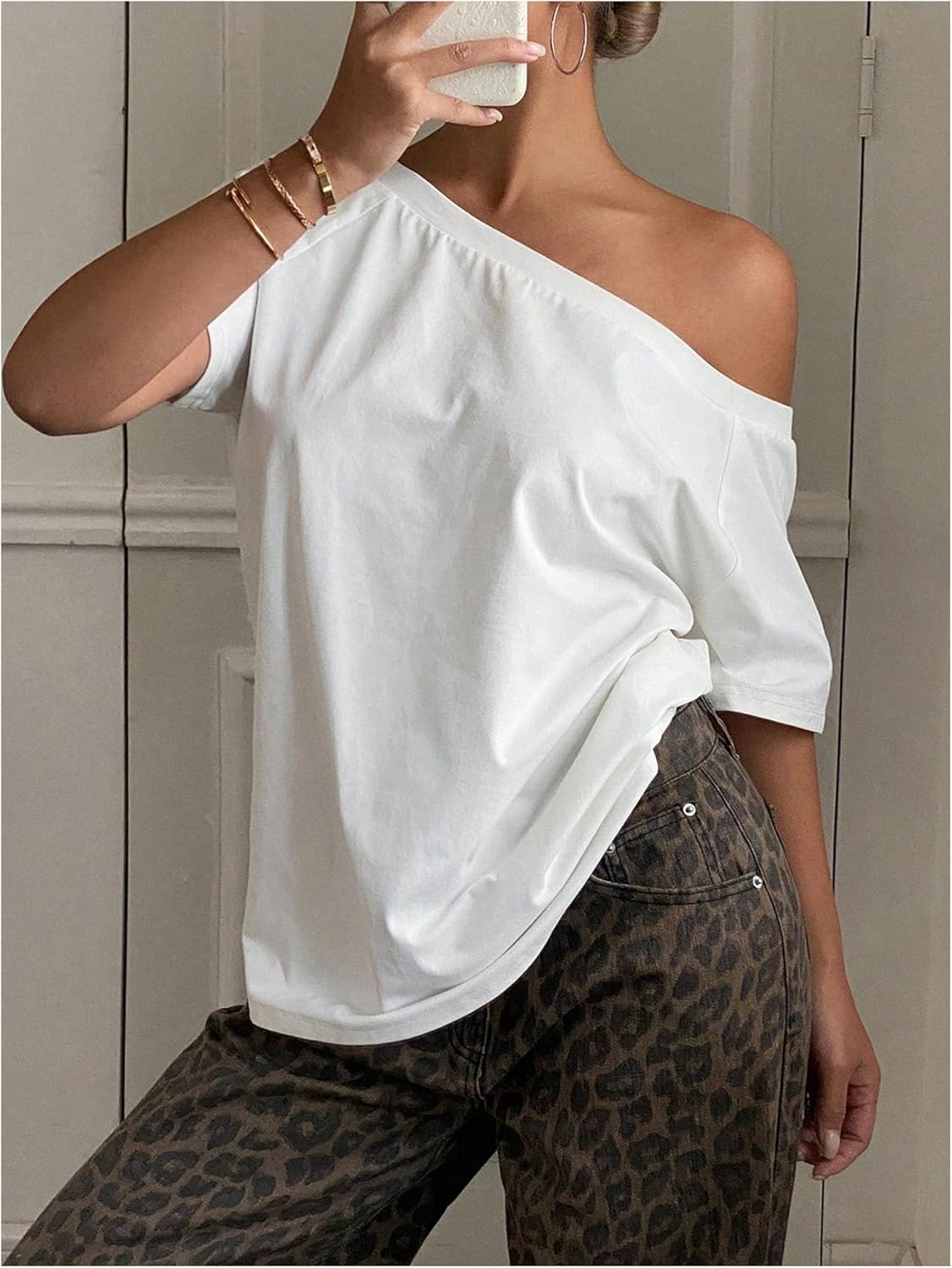 SOLY HUX Women's Off The Shoulder Oversized Tshirts Short Sleeve Summer Tops Asymmetrical Tee Shirt - Image 2