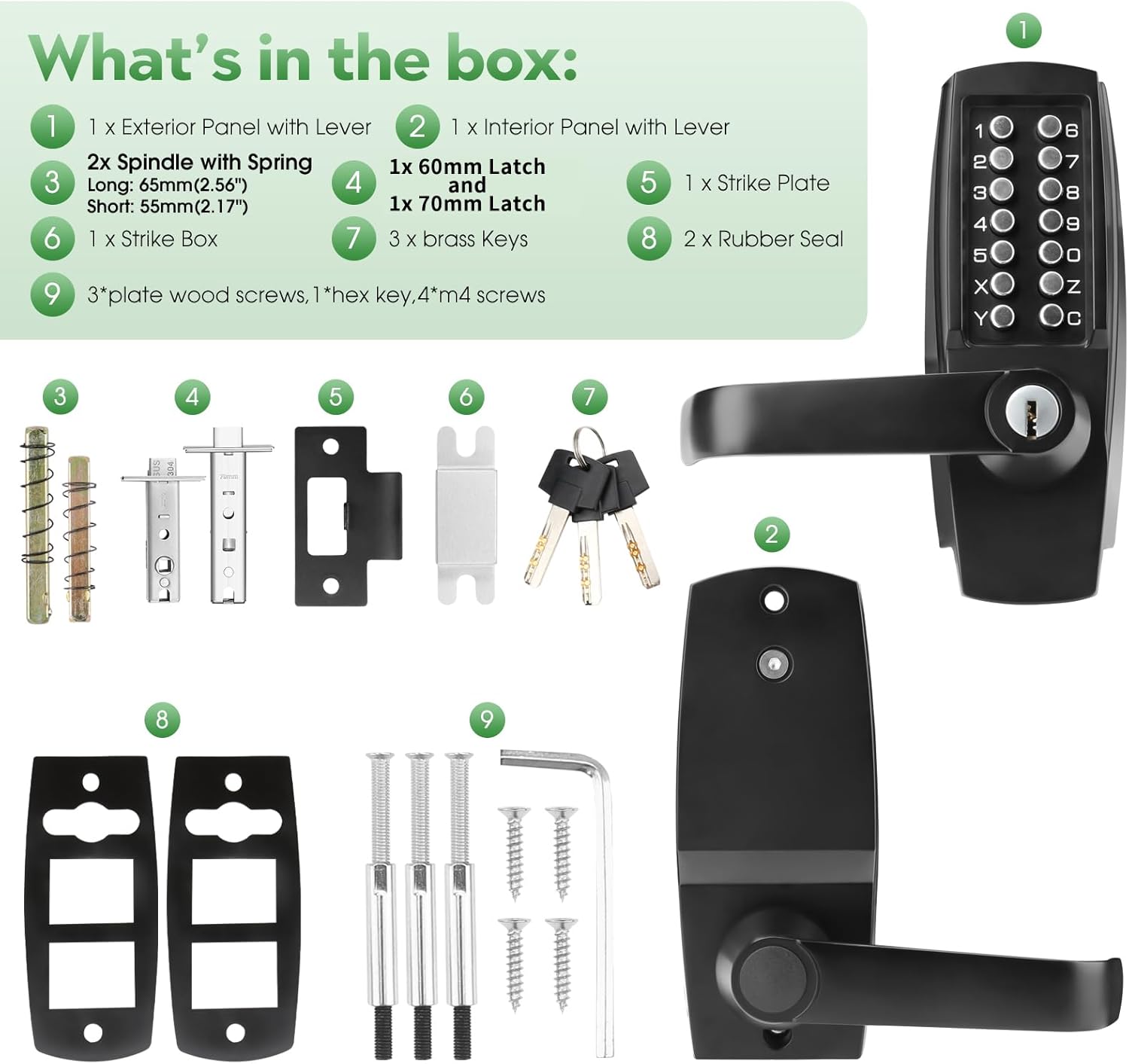 Mechanical Entry Keypad Door Handle Lock with Key,Auto-Locking Push Button Code Door Knob Lock,Single Sided Combination & Interior Hold-open Lever,for Front Gate,Garage,Office,Matte Black
