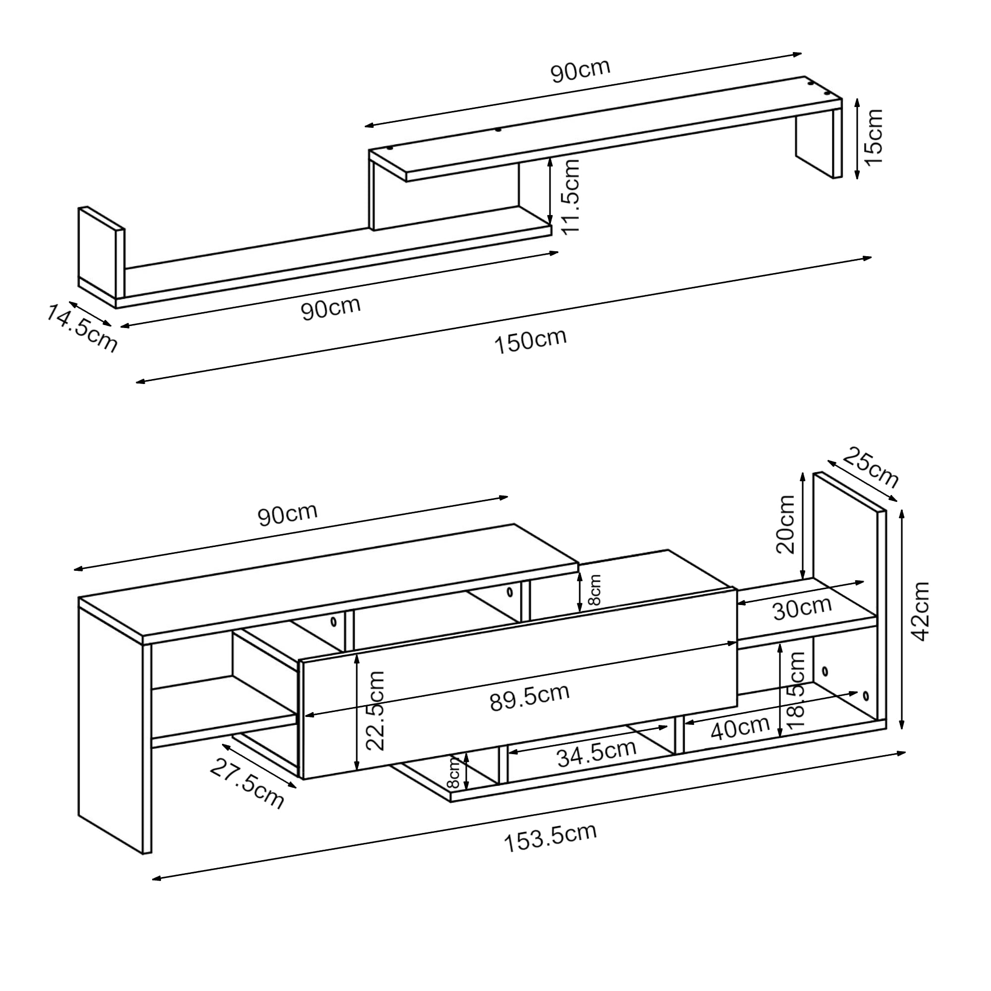 [en.casa] Juego de Muebles de Salón Liksefte Mesa para Televisor con Múltiples Compartimentos Estantes y 1 Puerta Mueble TV con Estantería de Pared Aglomerado 154x28x42cm - Efecto Roble Zafiro/Negro