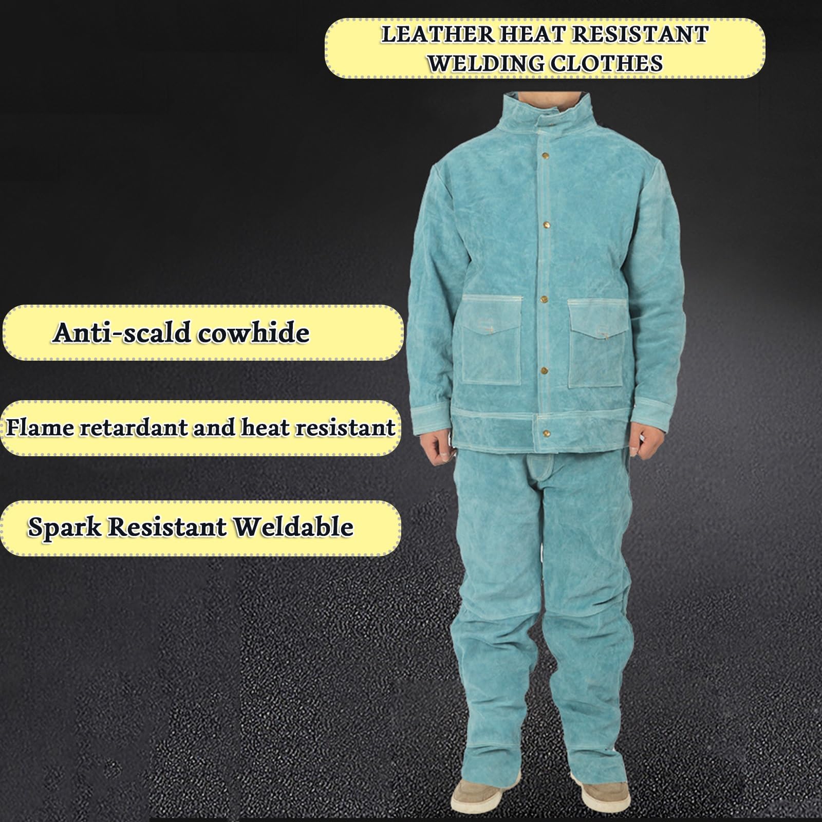 Combinaison De Travail De Soudage Manteau De Travail En Cuir De Vache Fendu Très Résistant Et Pantalon De Soudage Résistant À La Chaleur Et À La Flamme Pour Soudeur Menuisier(L)