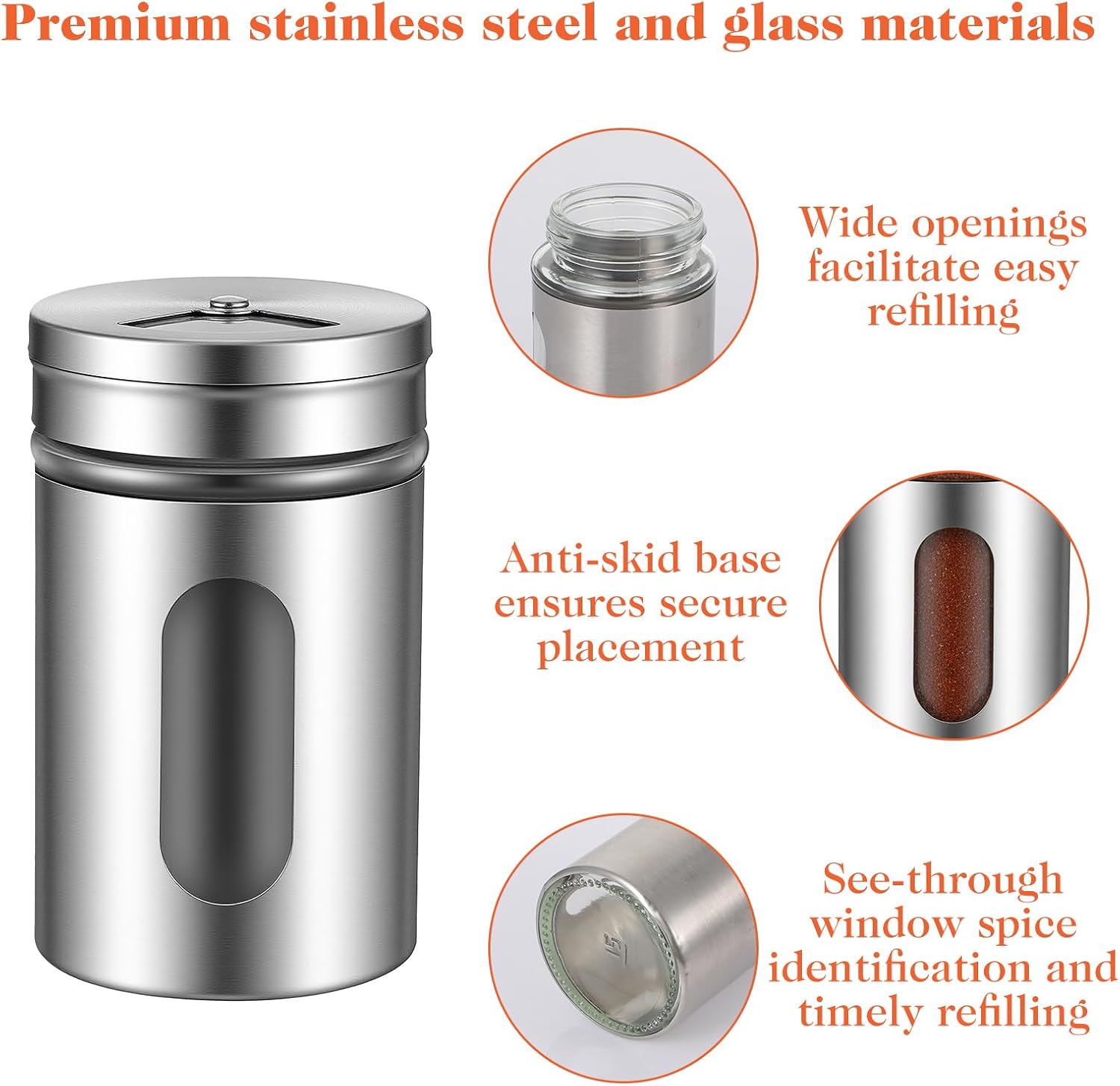 12 PCS Stainless Steel Salt and Pepper Shakers Set with Adjustable Pour Holes and Glass Window Seasoning Shakers with Rotating Lid Spice Dispenser Shaker for Seasoning, Sugar, Cinnamon, Home Kitchen