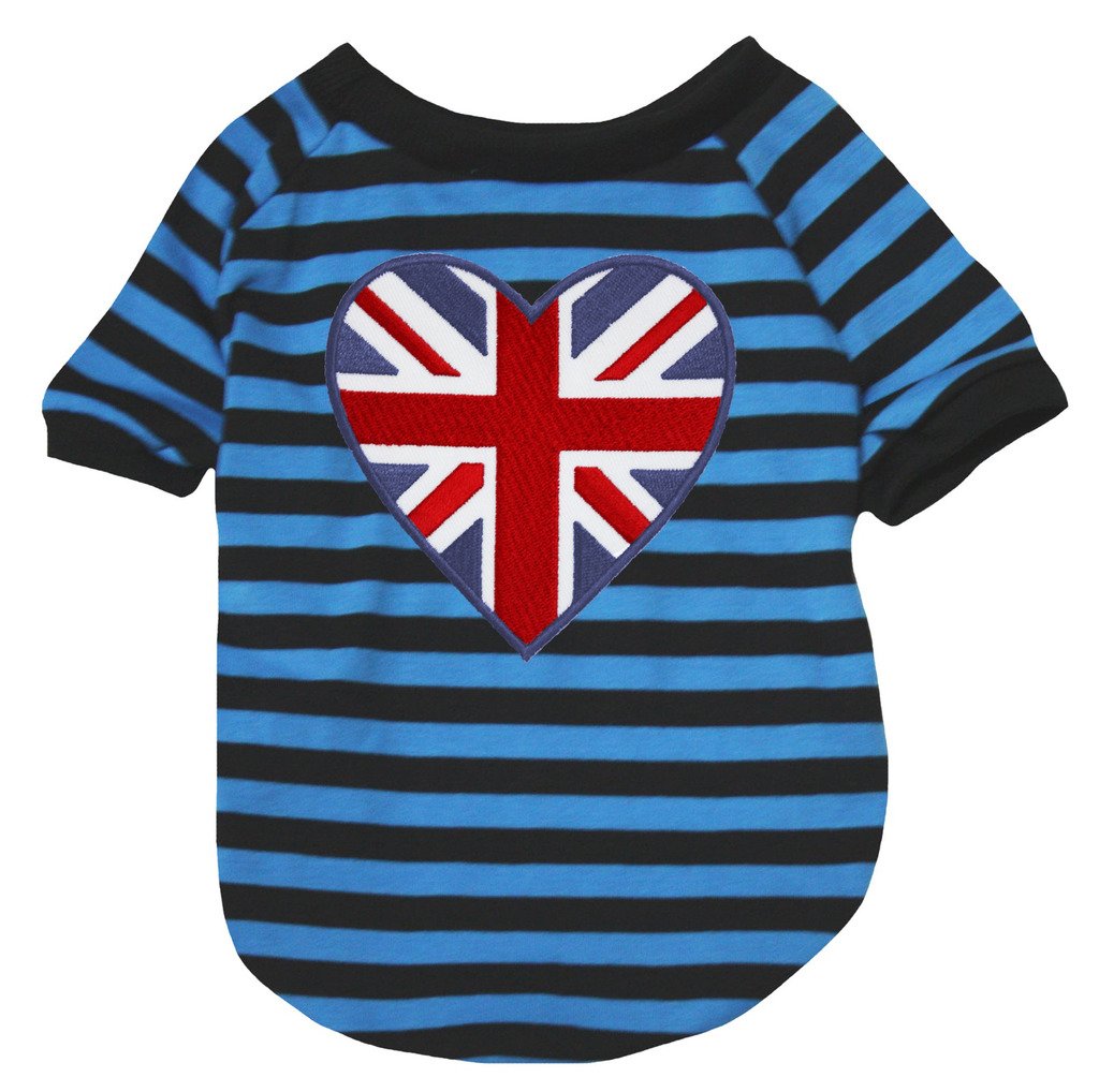 Robe t-shirt rayée pour chiot style british bleu et noir à motif cœur
