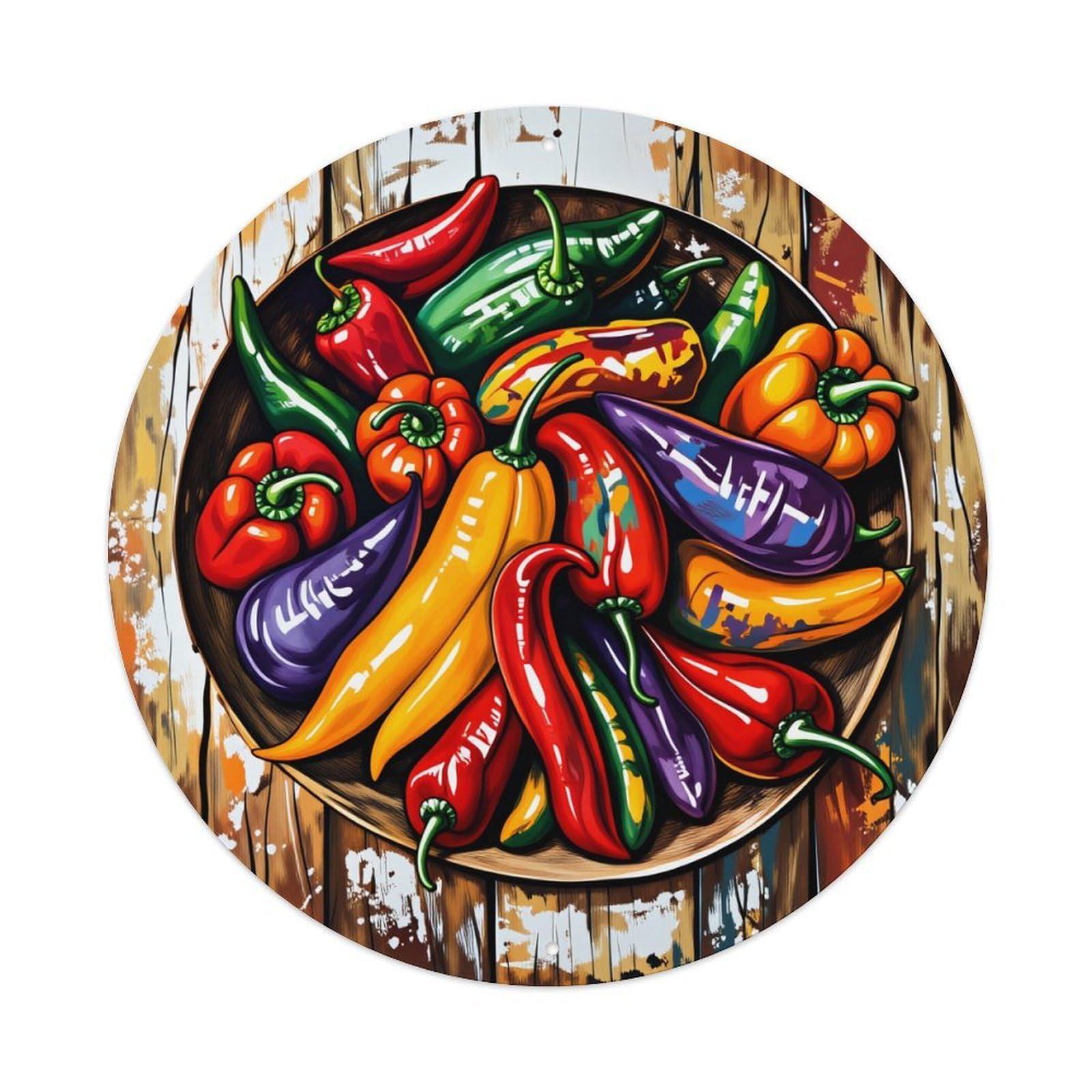 Colorful Pepper Assortment Bowl Art Round Tin Sign Vintage Metal Poster Retro Bar, Home, Man Cave, Kitchen, Laundry Room Wall Art Decor Gift 8x8Inch