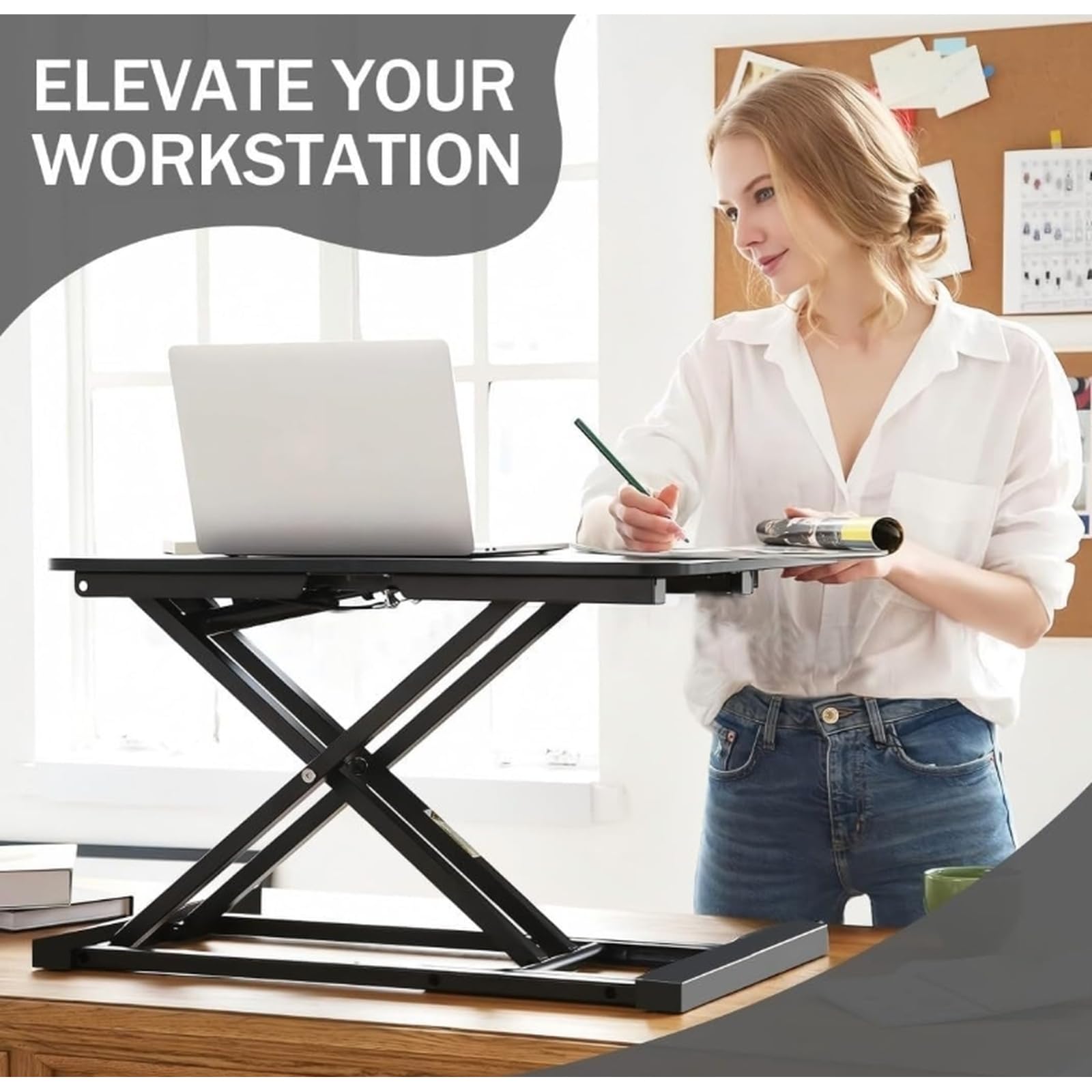 Convertisseur de bureau debout ergonomique, hauteur réglable avec plateau pour clavier, ressort à gaz pour ordinateur portable et moniteur